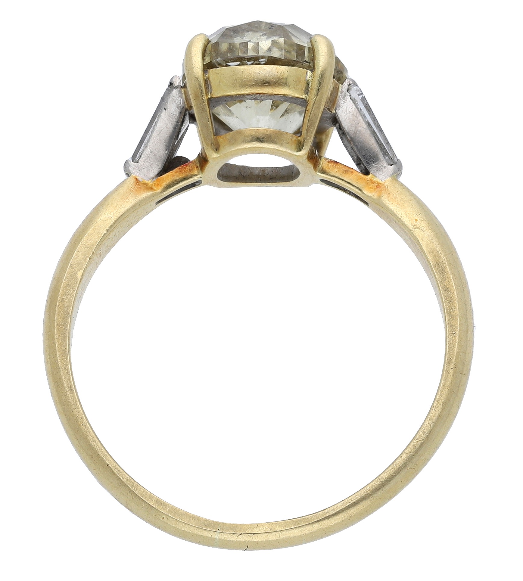 A diamond single stone ring, the oval-cut diamond of pale yellow tint and claw-set between t... - Image 3 of 4
