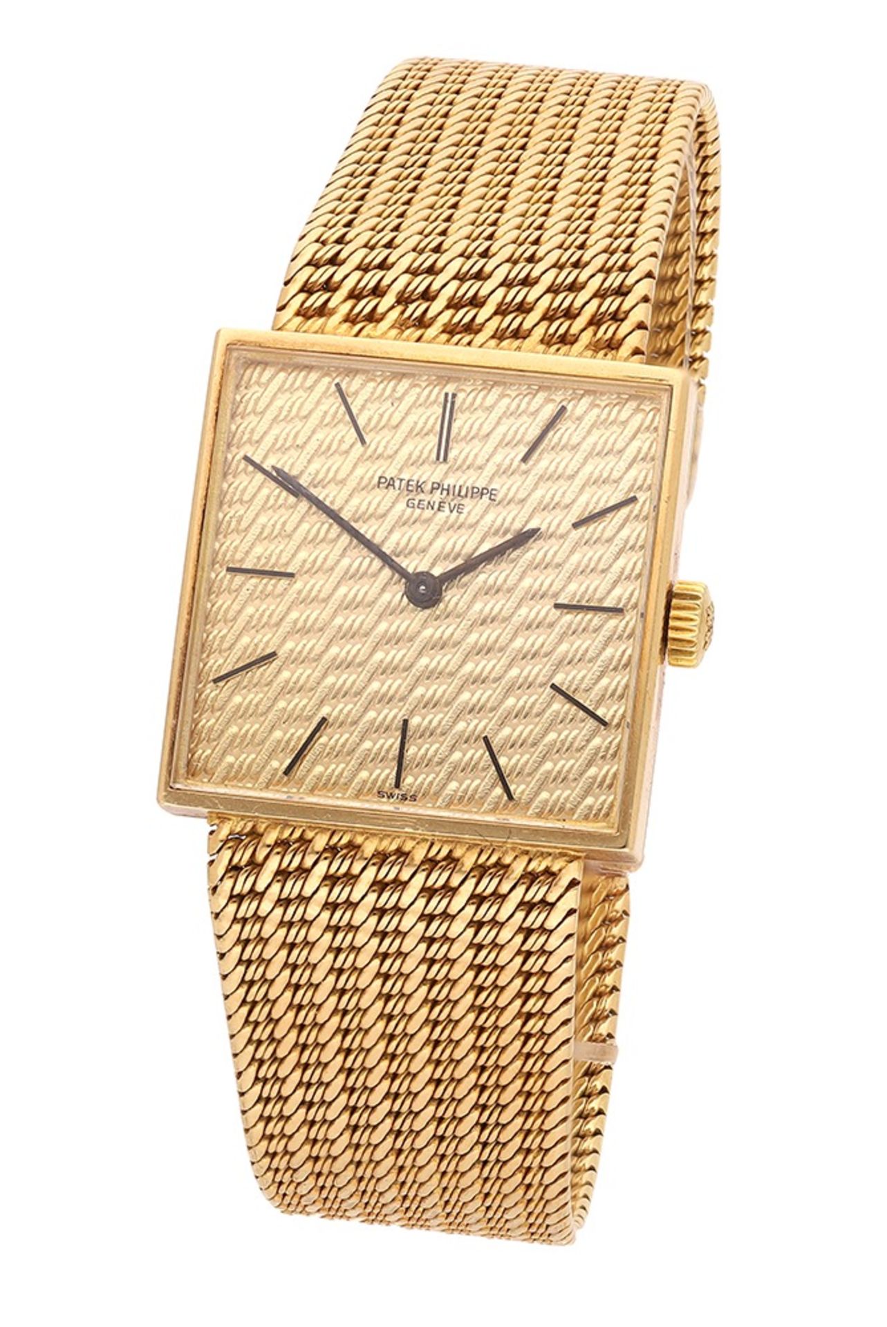Patek Philippe. A gold square bracelet watch with textured dial, Ref. 3430-12, circa 1965....
