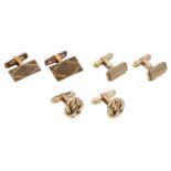 Three pairs of 9ct gold cufflinks, comprising a pair of slanted rectangular cufflinks with t...