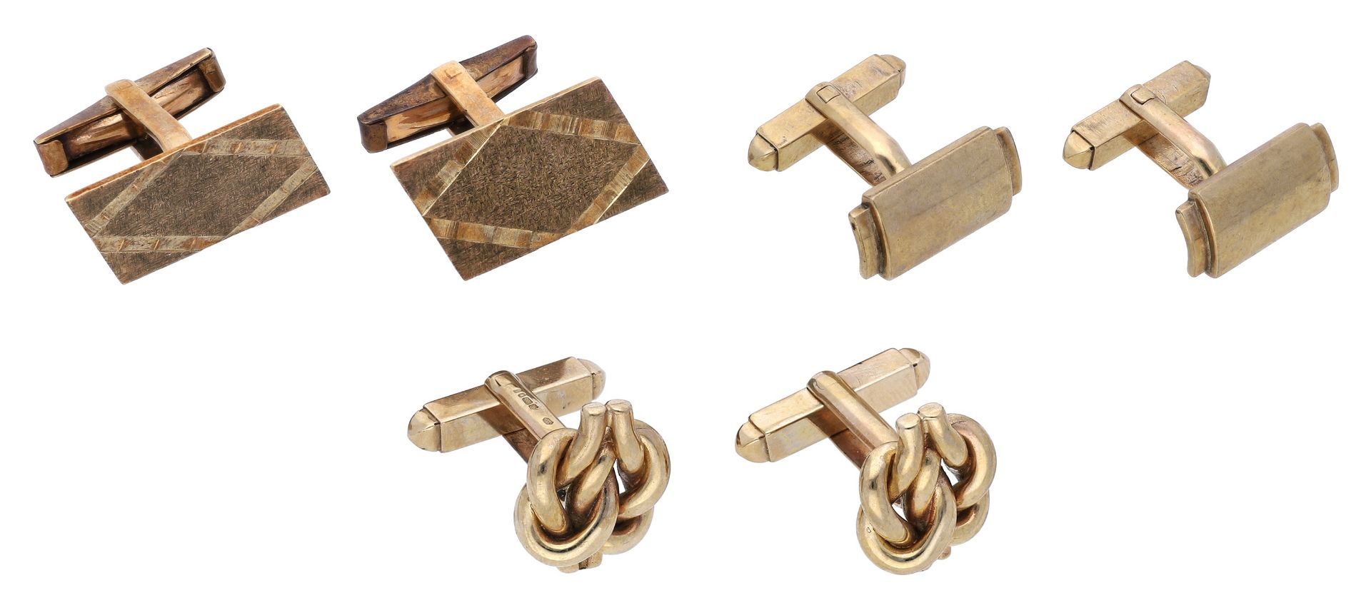 Three pairs of 9ct gold cufflinks, comprising a pair of slanted rectangular cufflinks with t...