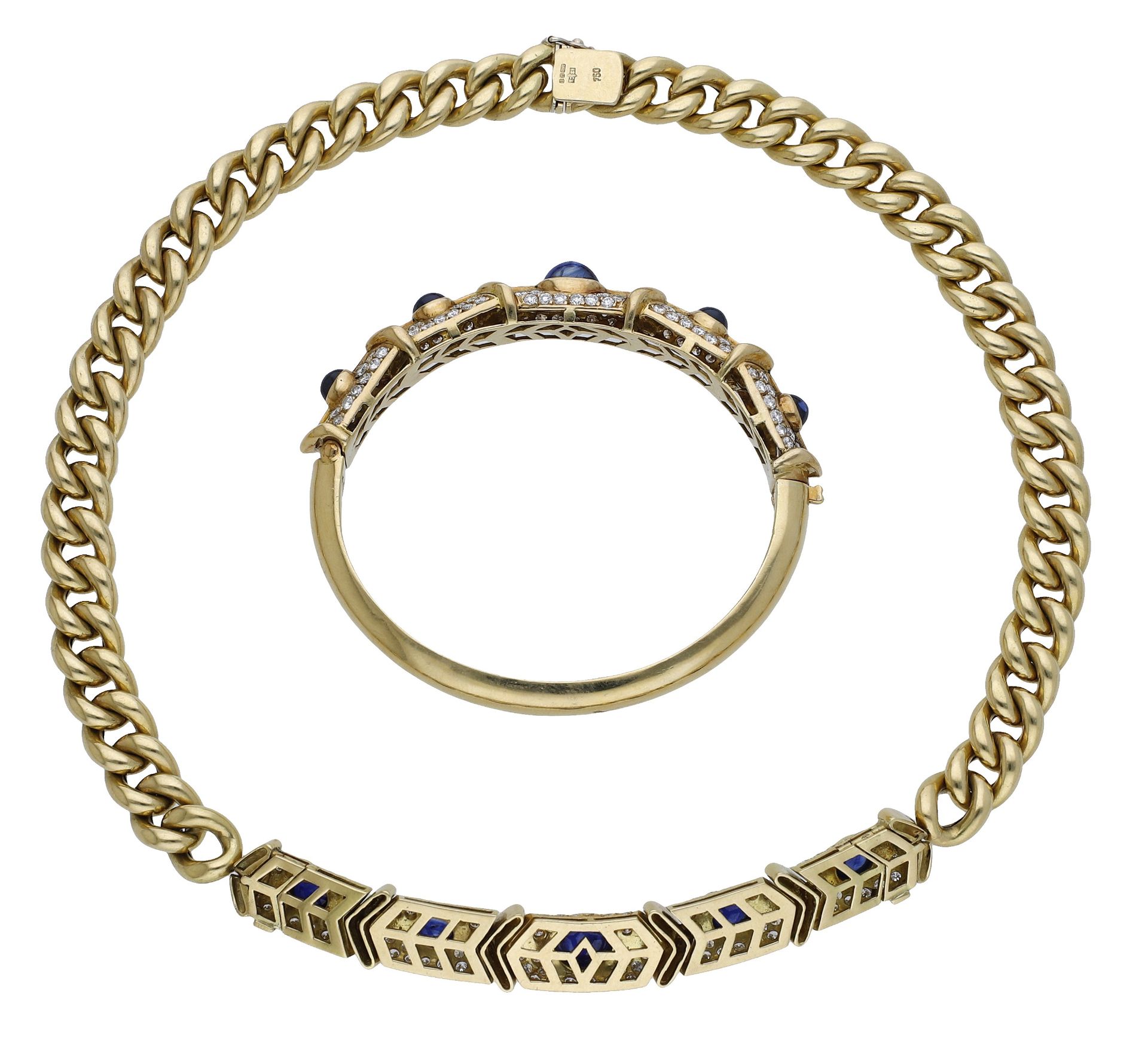 An 18ct gold sapphire and diamond collar necklace and bangle suite, the necklace composed of... - Image 2 of 4