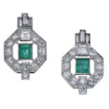 A pair of emerald and diamond earrings, converted from an Art Deco bracelet, circa 1925, of...