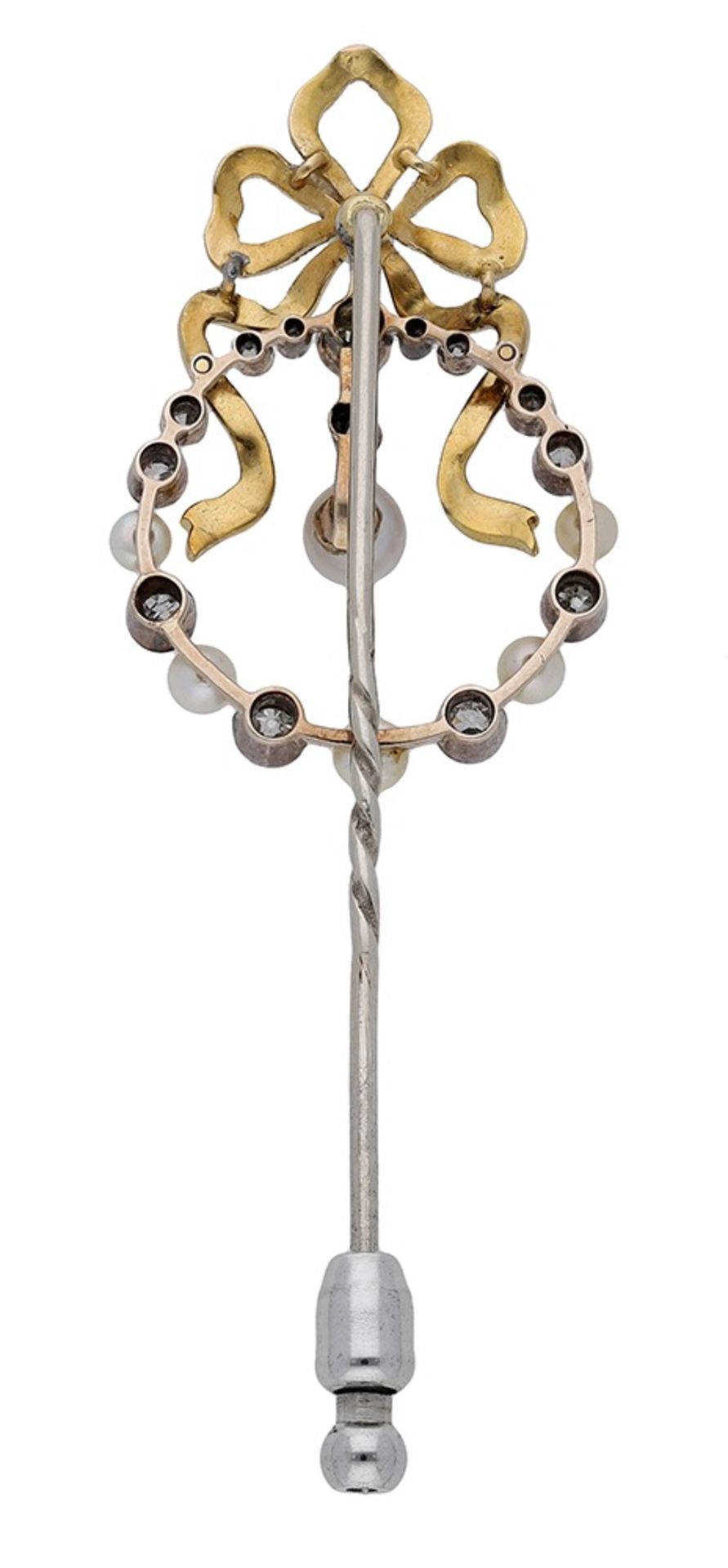 An early 20th century enamel, seed pearl and diamond stick pin, the spotted white enamel bow... - Image 2 of 2