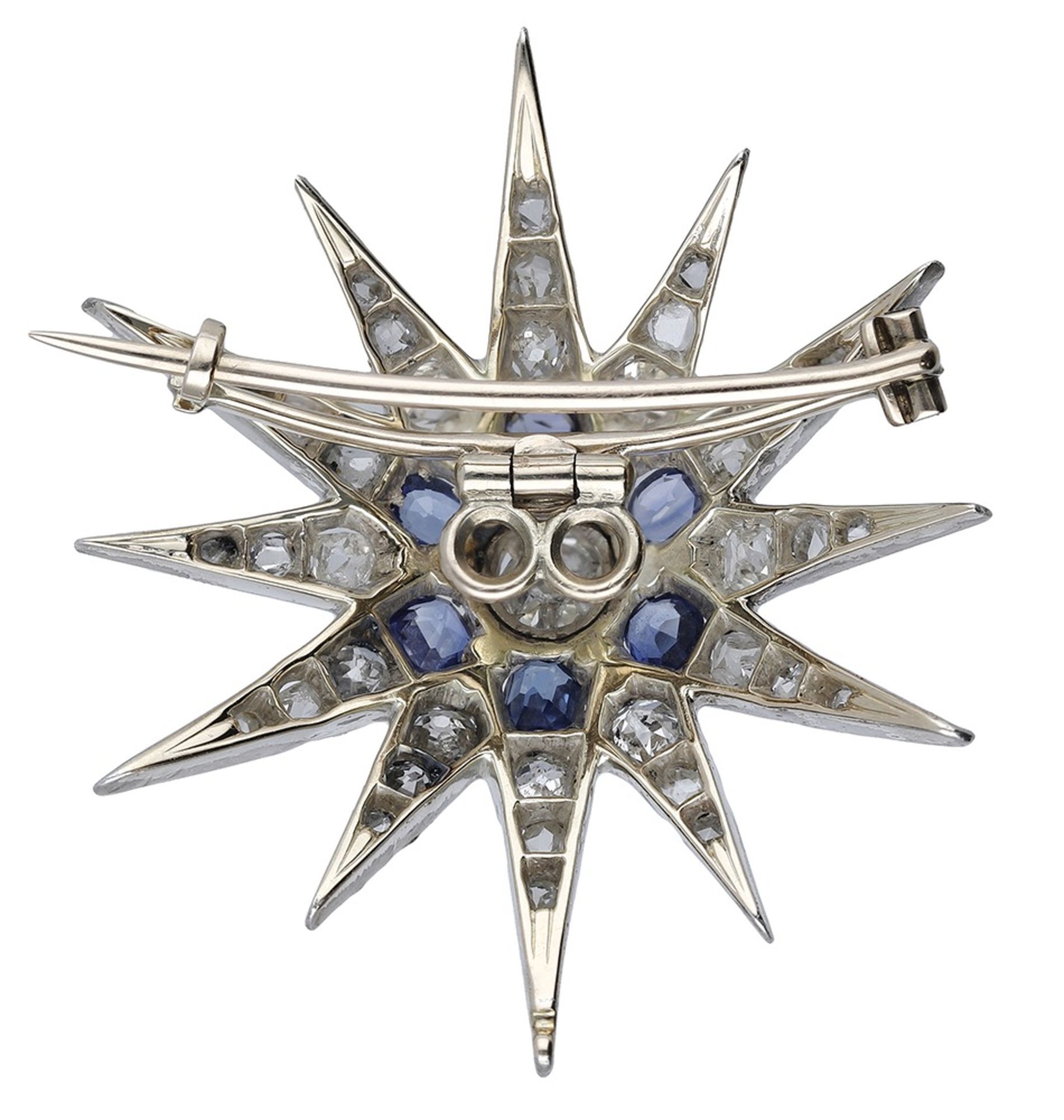 A sapphire and diamond star brooch, the 19th century star set with old brilliant, cushion an... - Image 2 of 3