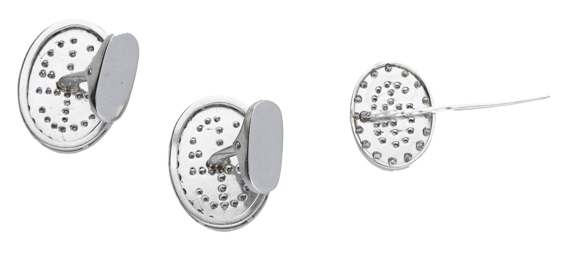 A diamond cufflink and tie pin suite, the oval plaques with applied brilliant-cut diamond mo... - Image 2 of 3