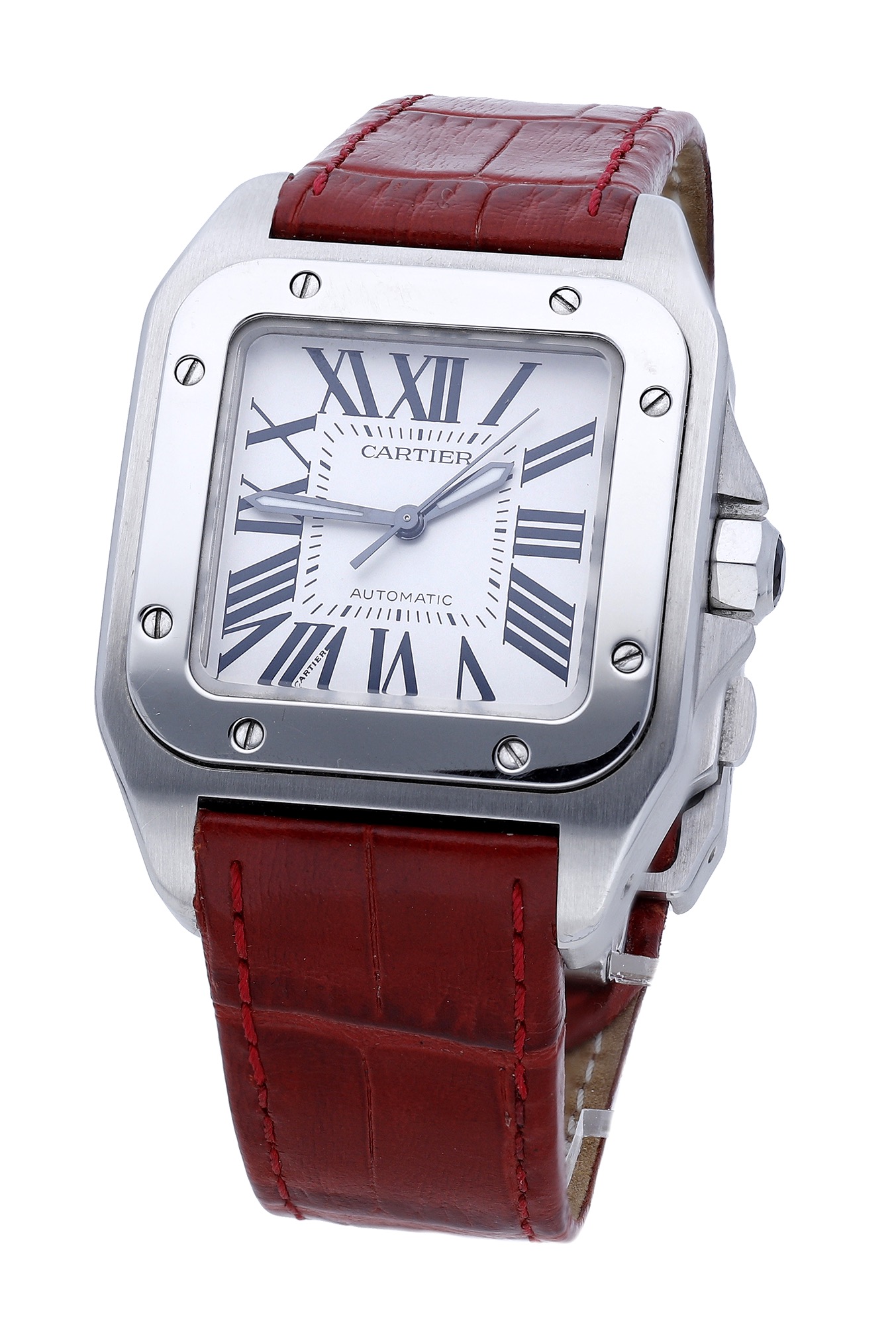 Cartier. A stainless steel automatic rectangular wristwatch, Ref. 2878, Santos 100, circa 20...