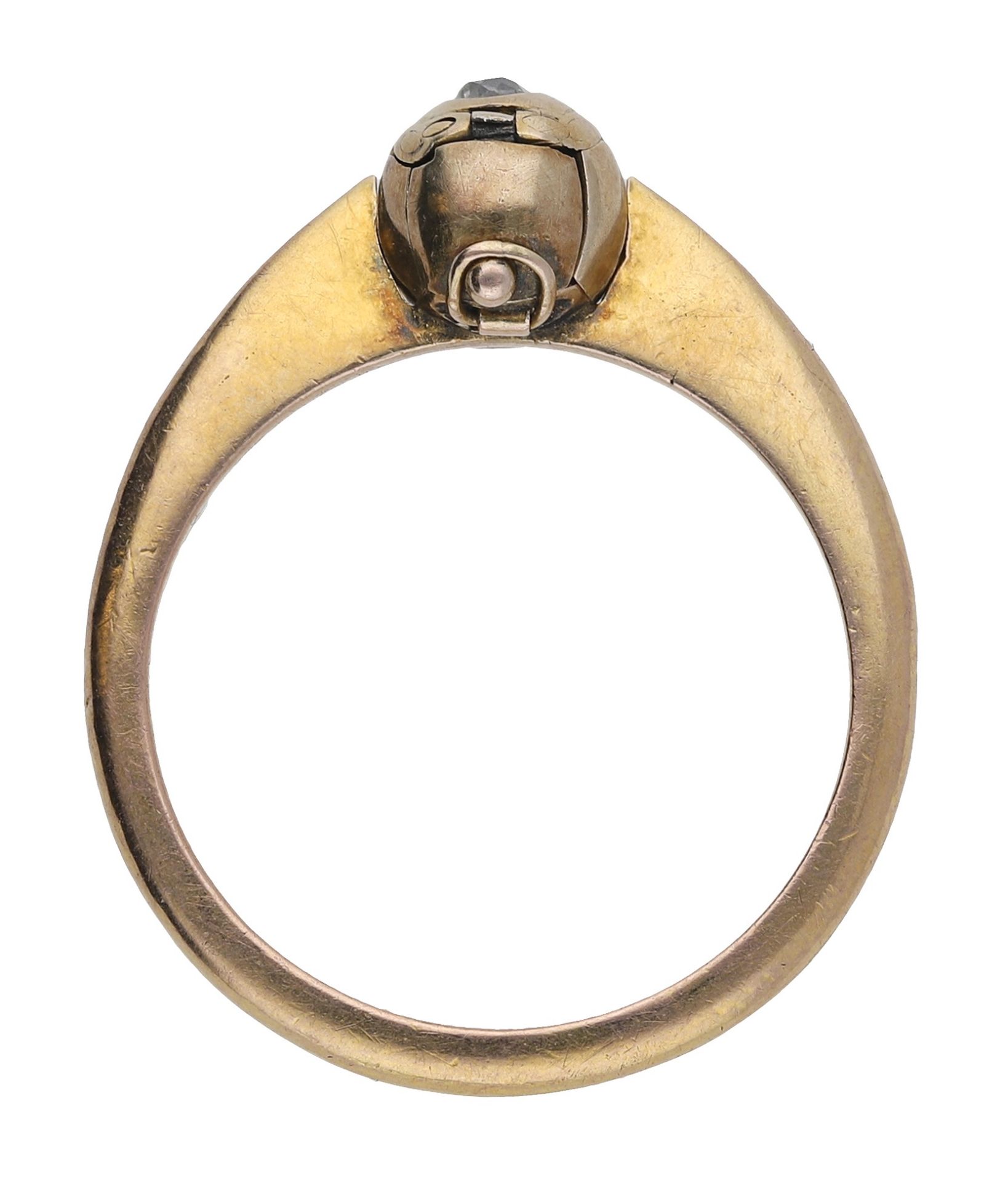 A Masonic ring, the rub-over mount with an old-cut diamond, the hinged setting opening to fo... - Image 2 of 4