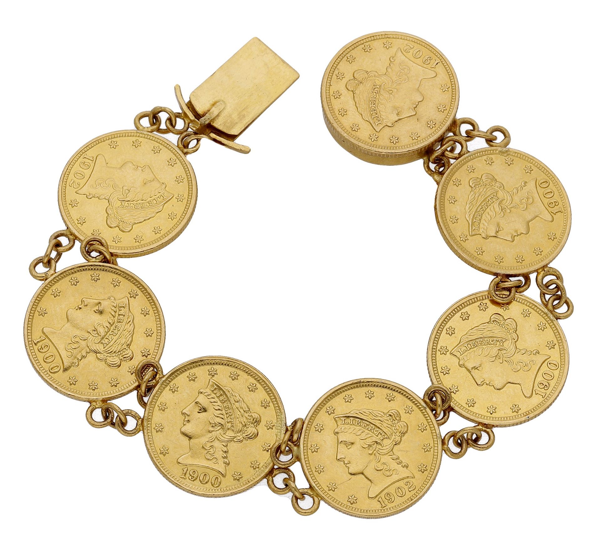 A gold coin bracelet, mounted with seven American 2Â½ dollar coins, four dated 1900, three 19...