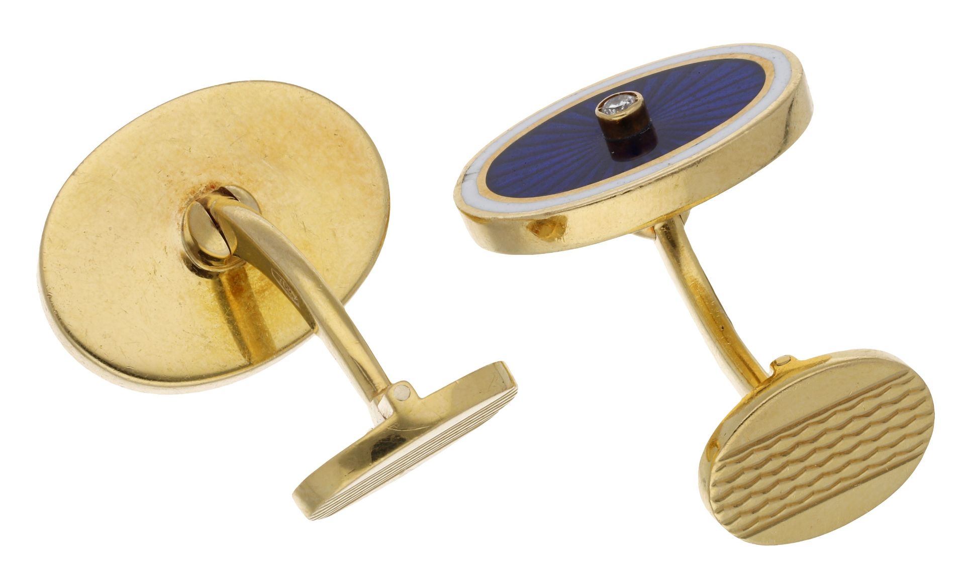 A pair of enamel and diamond cufflinks, the oval panels decorated with blue guillochÃ© enamel... - Image 2 of 4