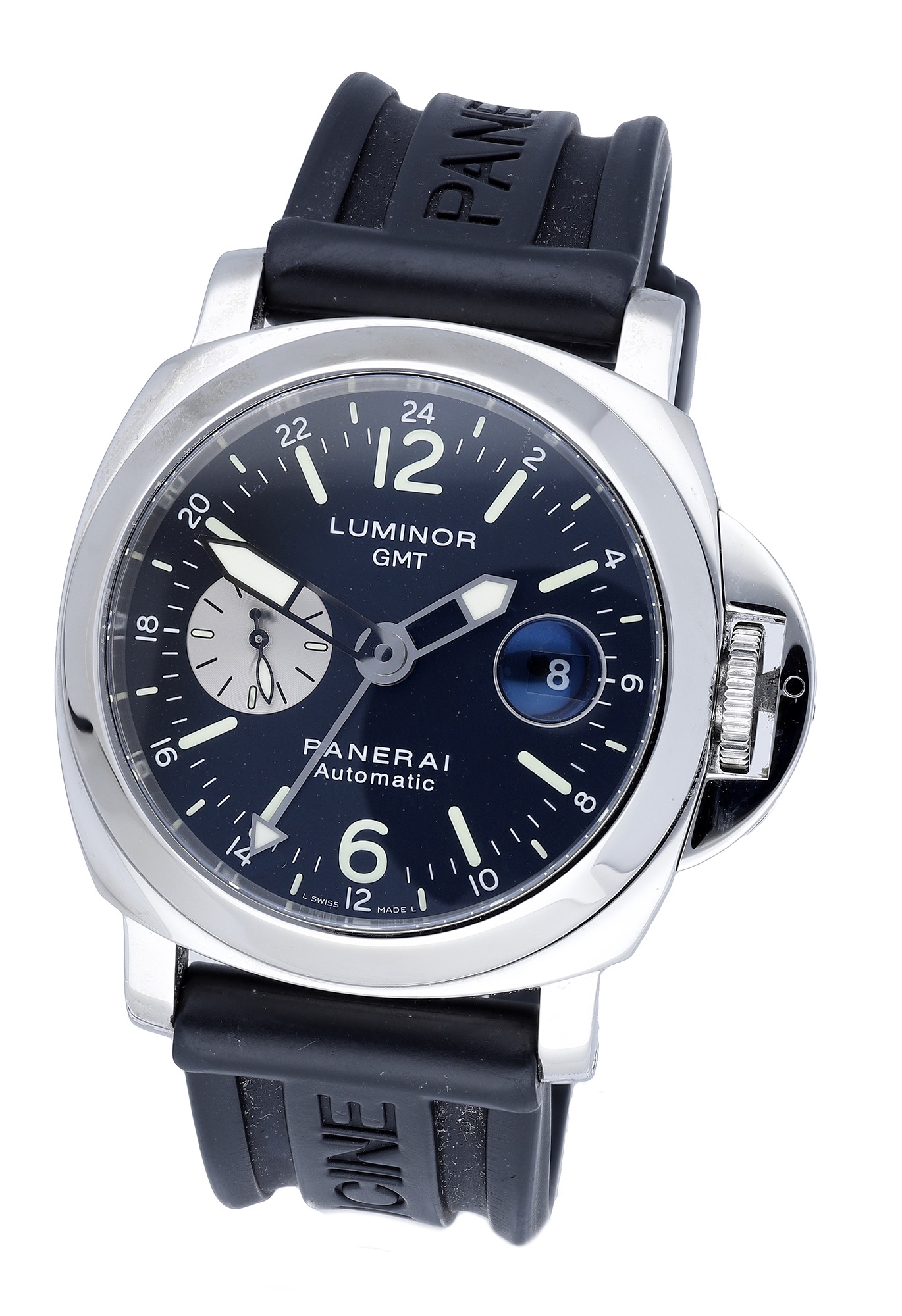 Panerai. A stainless steel cushion-form automatic dual time zone wristwatch with date, Ref....