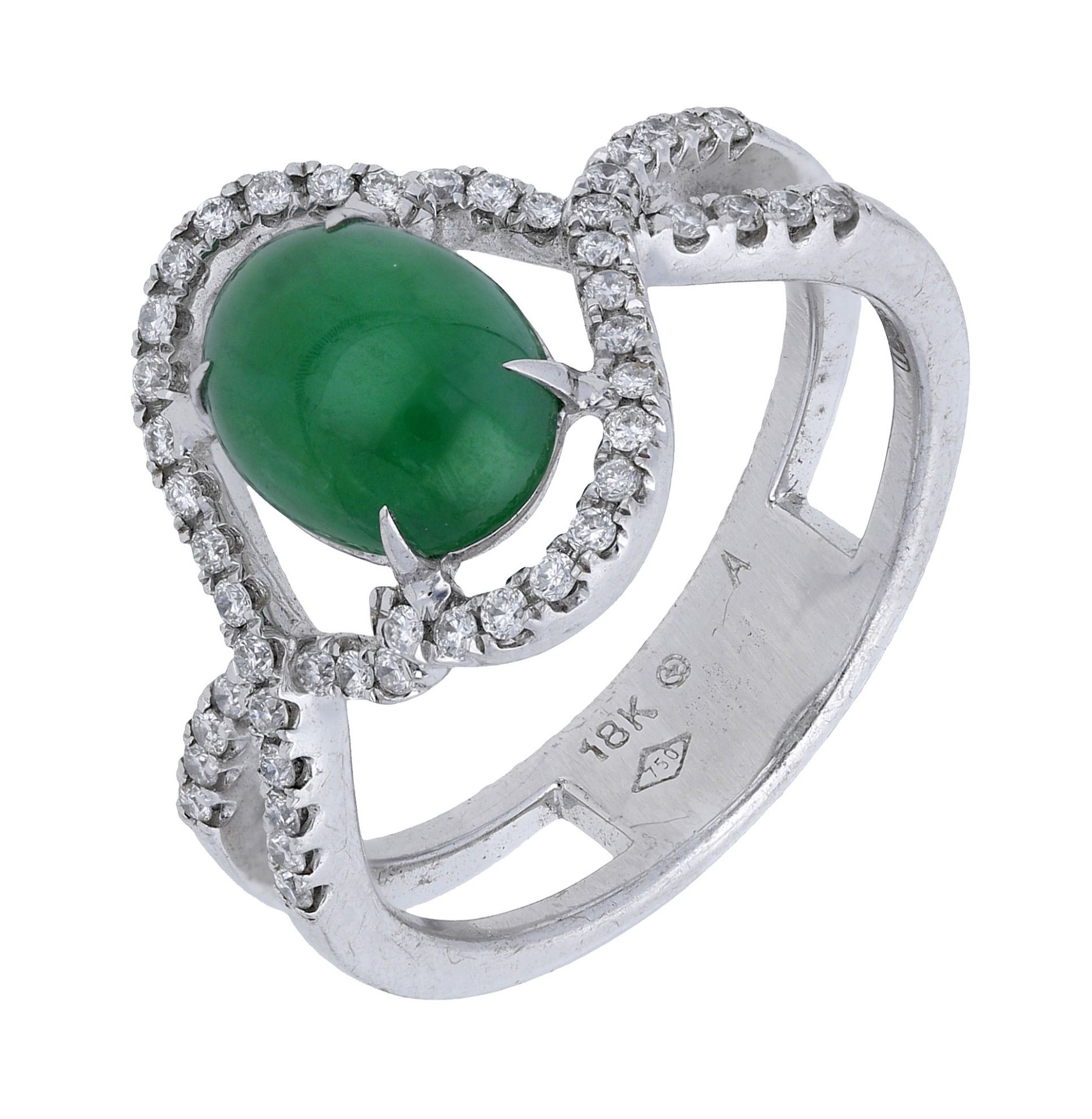 A jade and diamond ring, the jade cabochon claw-set within an entwined surround of brilliant...