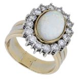 An opal and diamond cluster ring, the oval opal cabochon collet set within a brilliant-cut d...