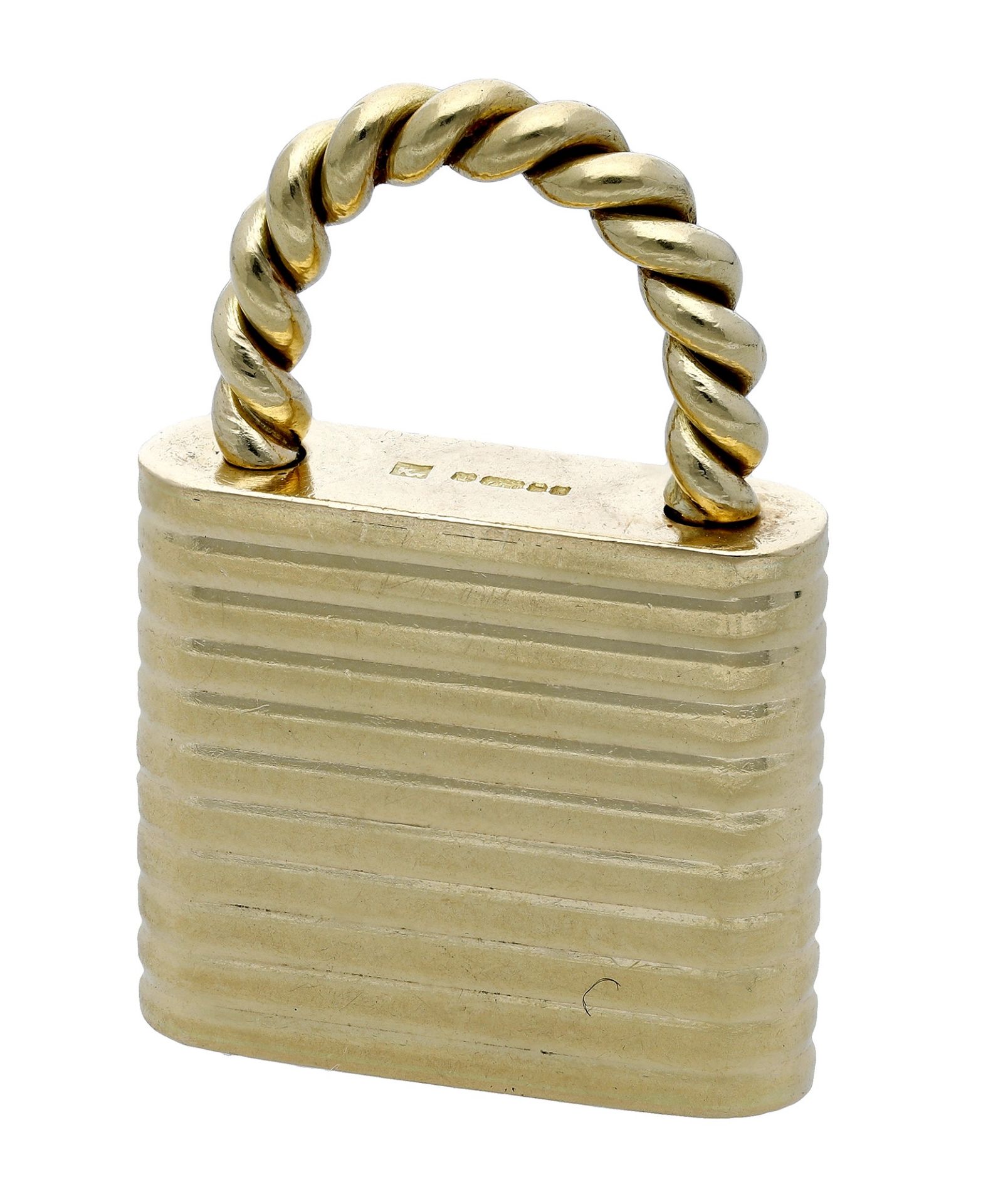 An 18ct gold padlock by Kurt Weiss for Cartier, 1979, with reeded body and ropetwist shackle...