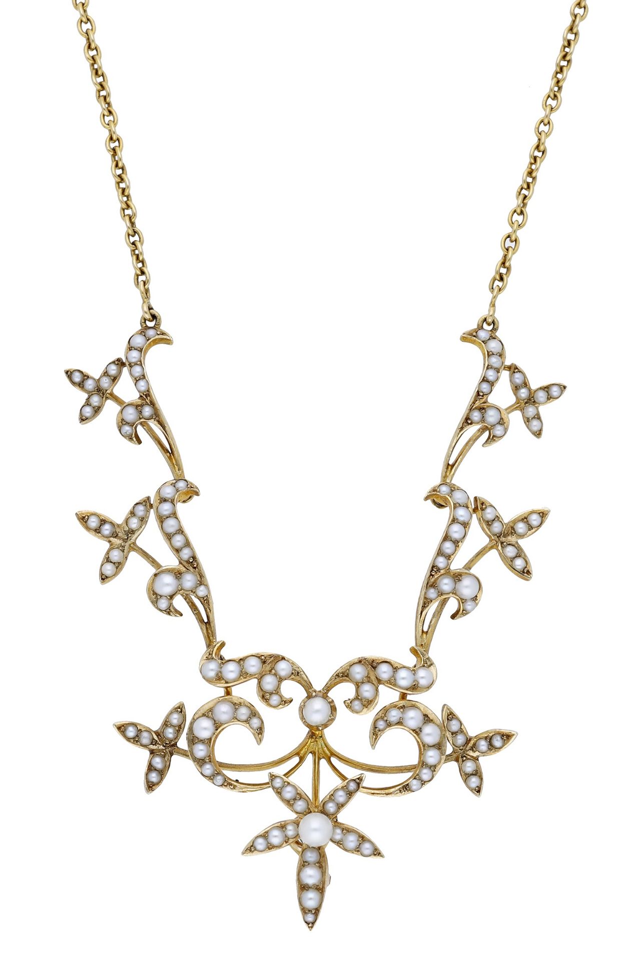 A seed pearl necklace, circa 1900, the articulated foliate necklace with a whiplash scroll a...
