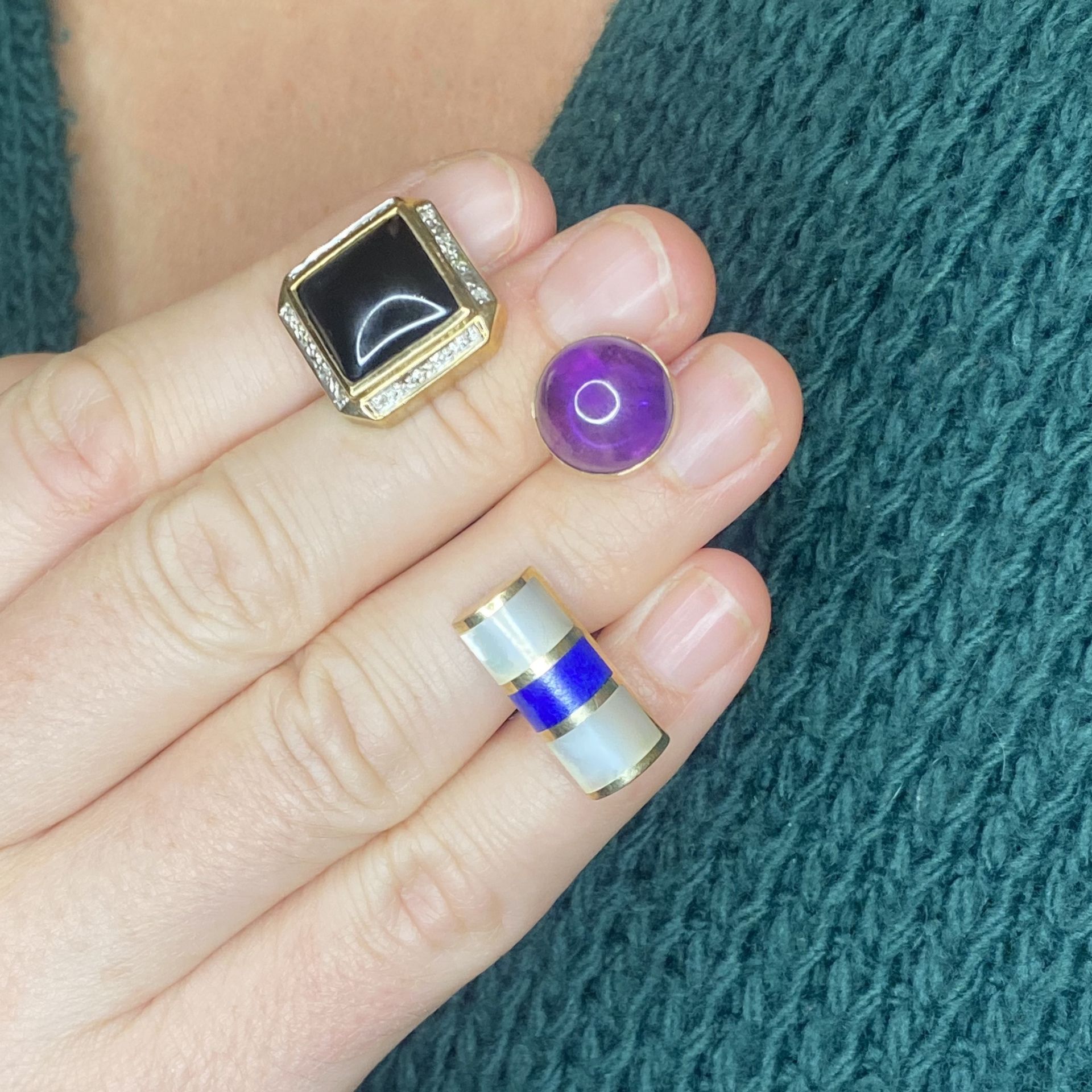 Three pairs of gem set cufflinks, comprising a pair of 9ct gold collet-set amethyst cabochon... - Image 3 of 3