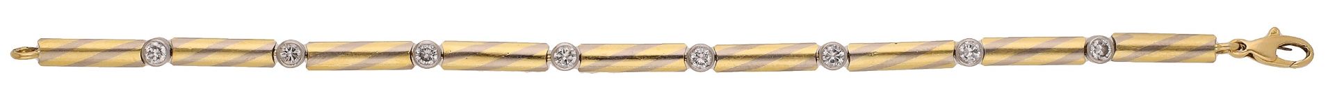 A diamond bracelet, circa 1987, the 18ct gold baton-shaped links with bicoloured diagonal st...