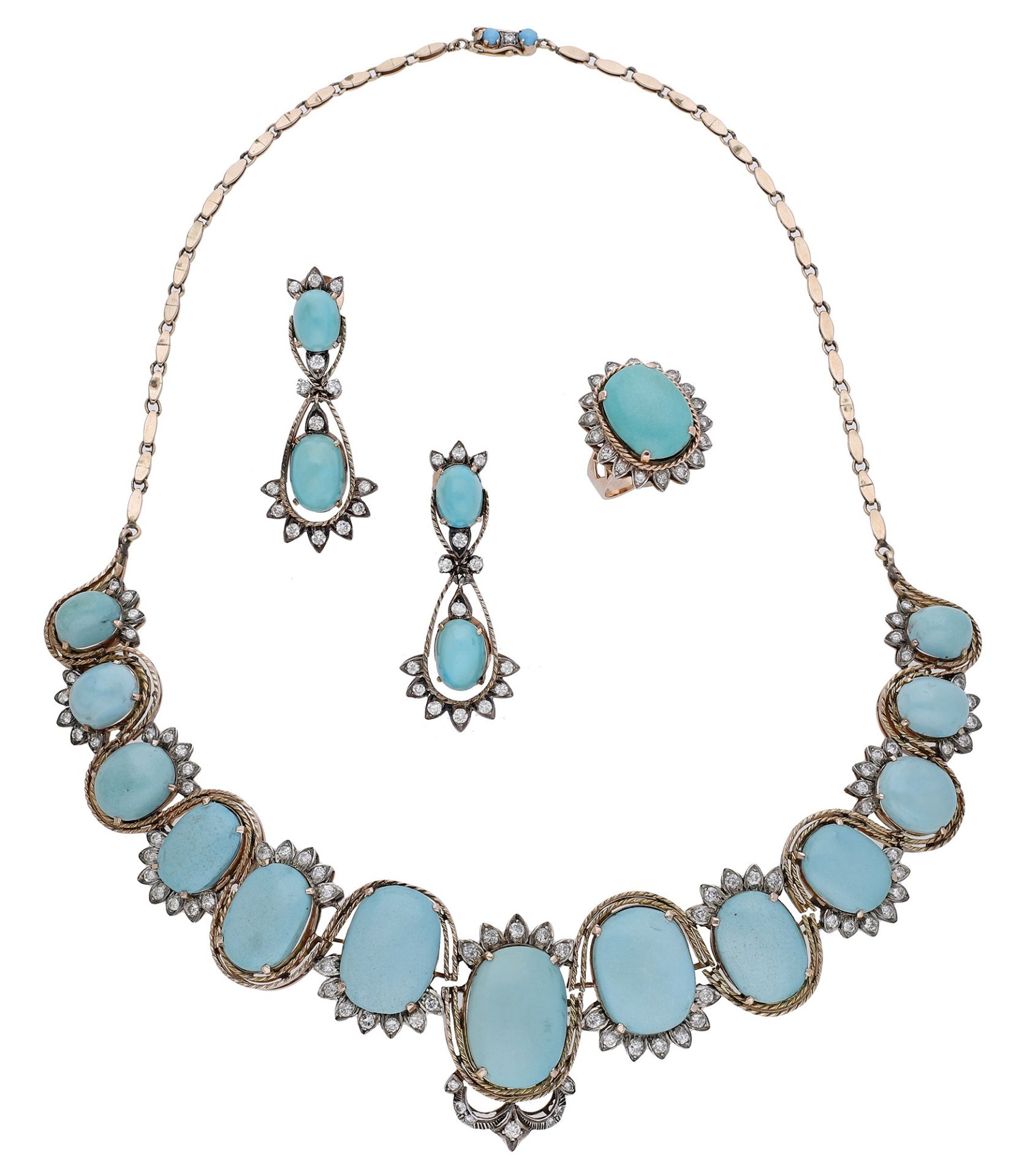A turquoise and diamond suite, circa 1960, designed as a graduated series of oval turquoise...