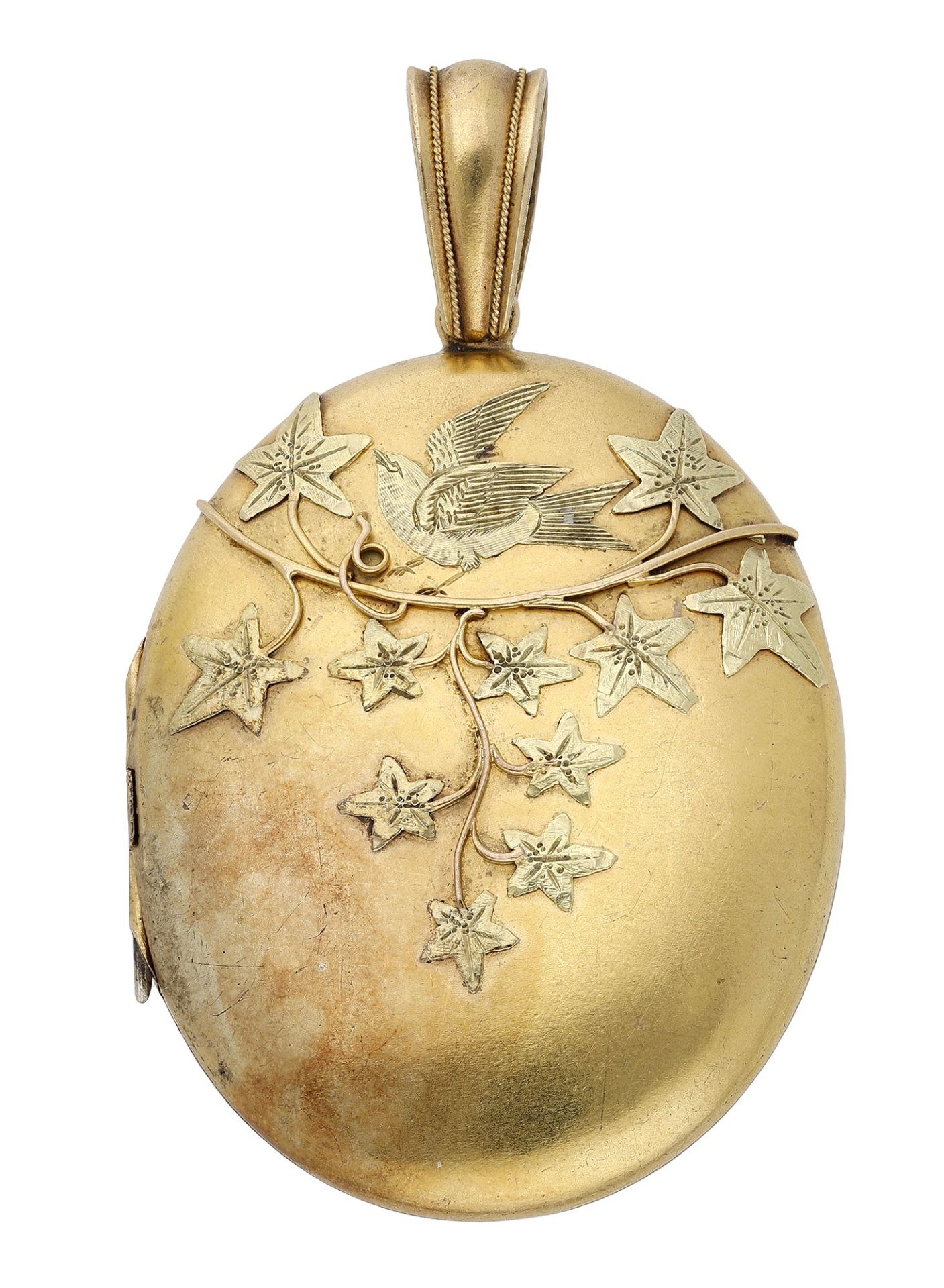 A gold locket, circa 1880, the oval locket with applied decoration to the front depicting a...