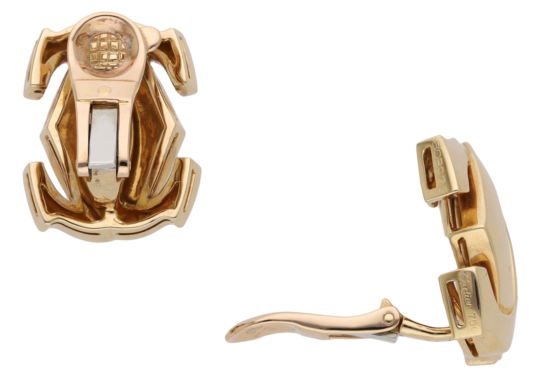 A pair of 'Double C' ear clips by Cartier, of polished interlocking design, French assay mar... - Image 3 of 4