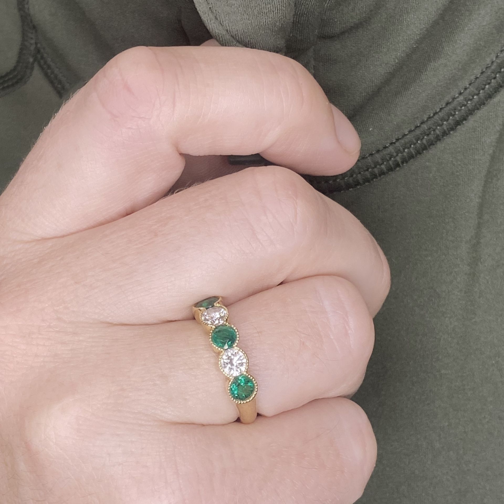 An 18ct gold emerald and diamond five stone ring, alternately set with circular-cut emeralds... - Image 3 of 3