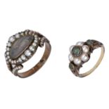 Two early 19th century memorial rings, the first with a central glazed hairwork compartment...