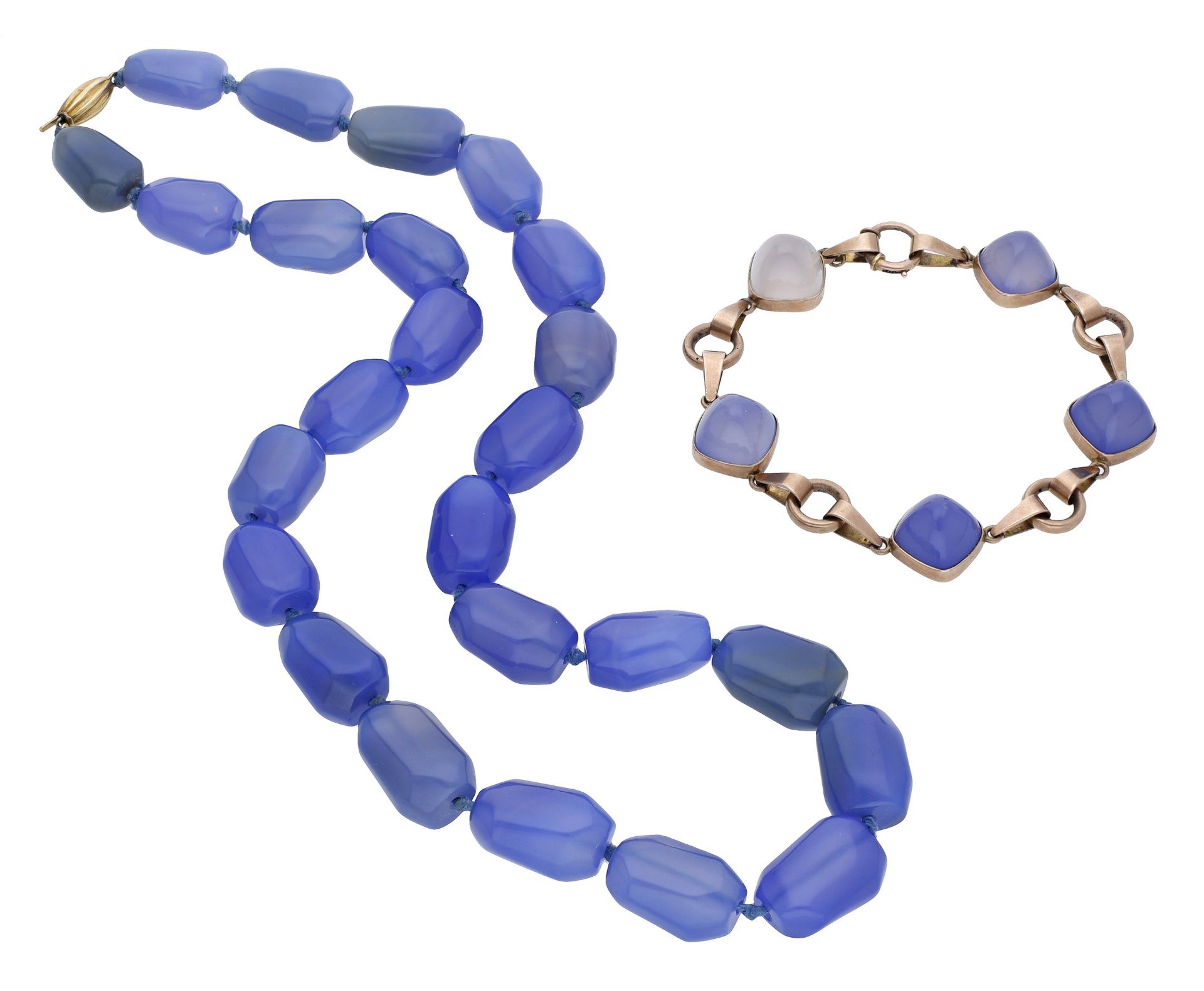 A blue chalcedony necklace and bracelet, the stained blue chalcedony faceted beads strung as...