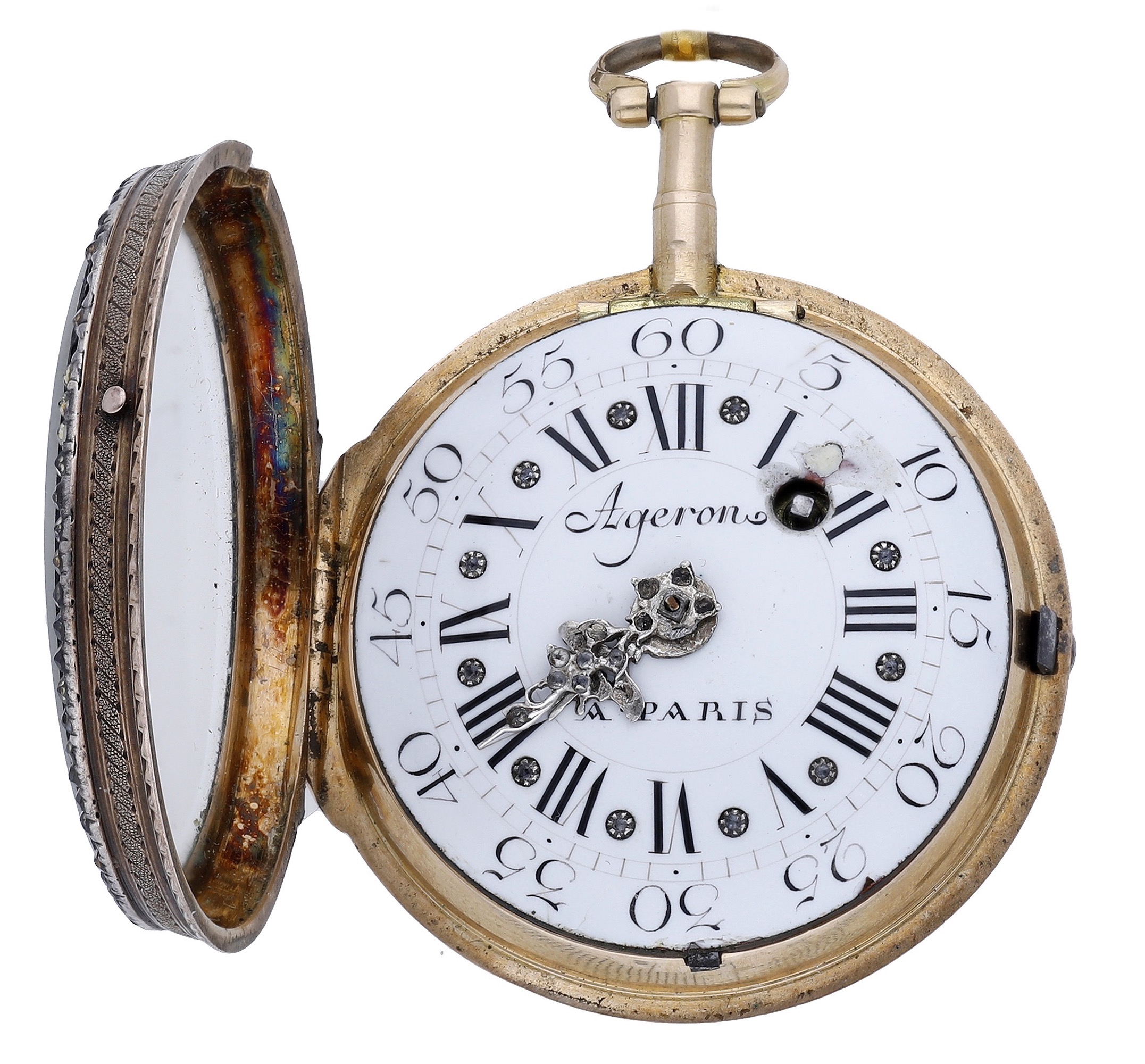 Ageron. A Paris. A gold and enamel pair cased watch, circa 1780. Movement: gilt full plate,...