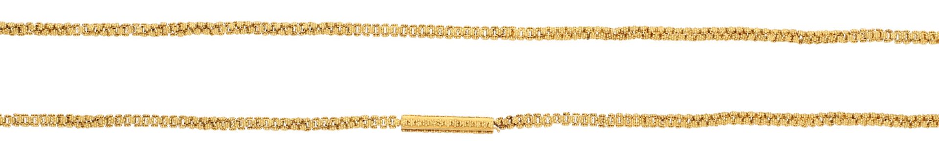 A mid 19th century gold necklace, the box-link chain with finely beaded flowerheads to each...