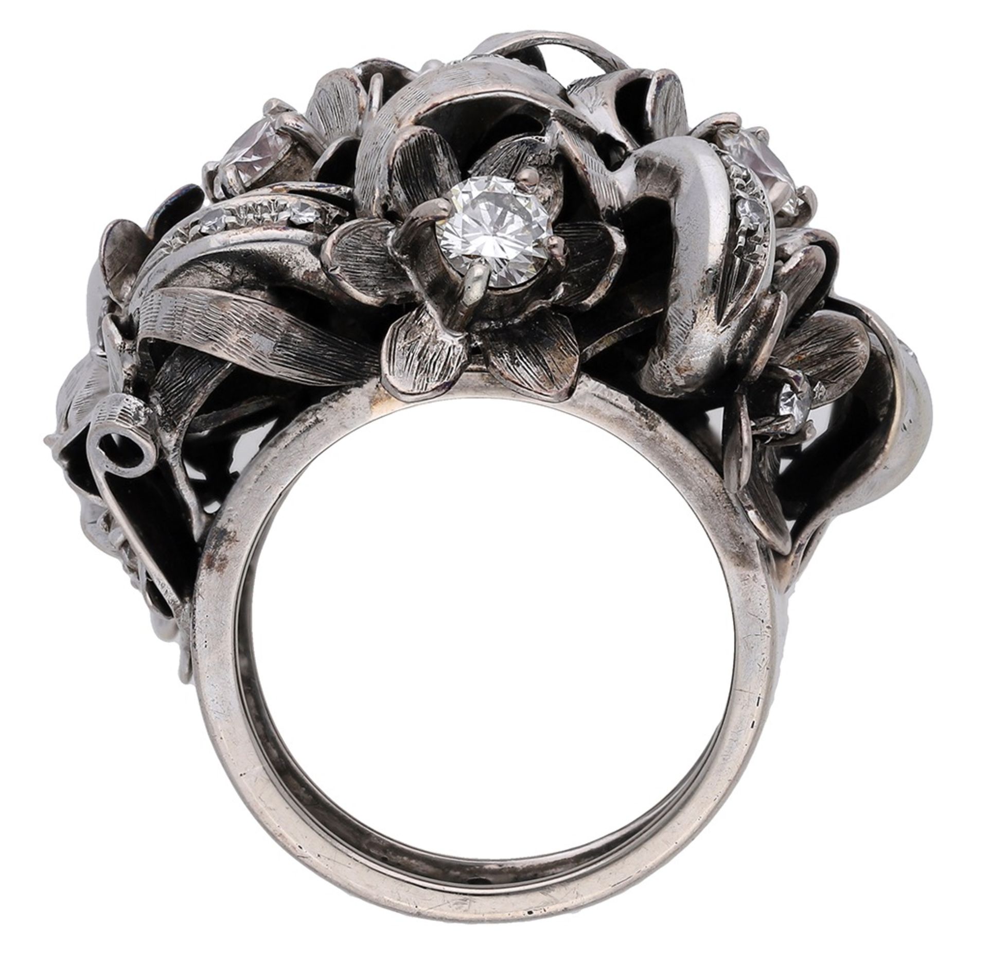 A diamond dress ring, the bombÃ© ring formed of scrolling foliage and flowerheads scattered w... - Image 2 of 3