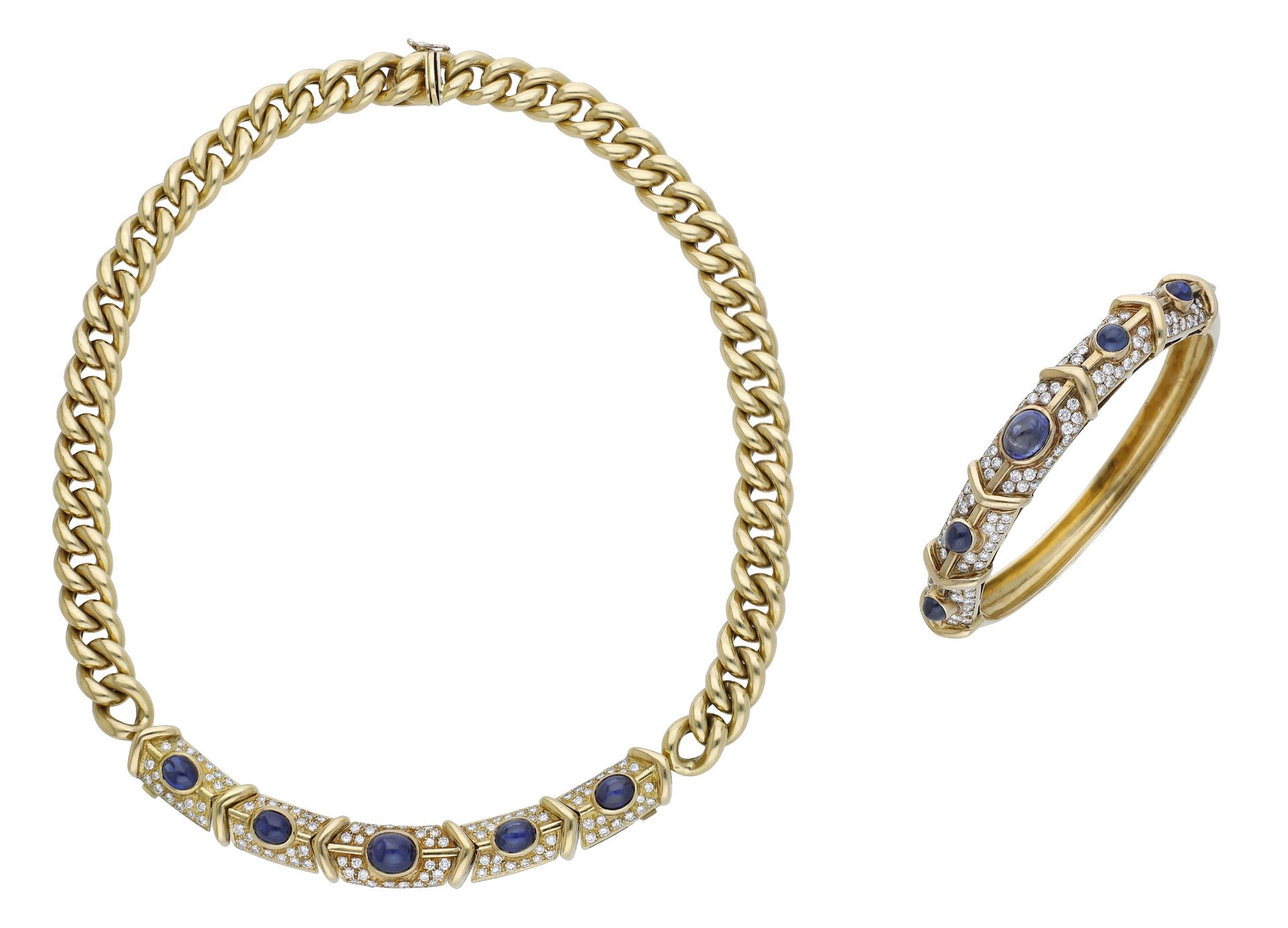 An 18ct gold sapphire and diamond collar necklace and bangle suite, the necklace composed of...