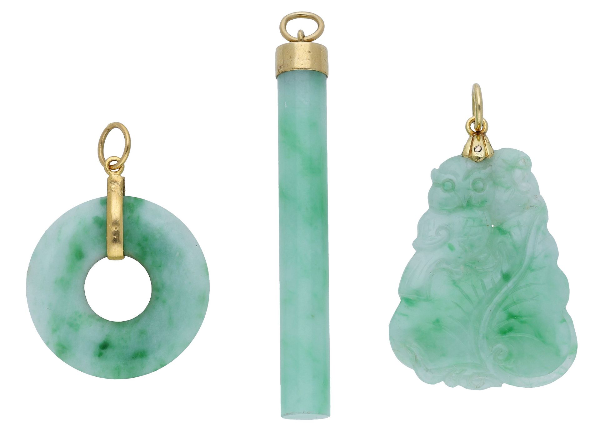 Three jade pendants, comprising a Bi, cylindrical and carved jade pendant respectively, each... - Image 2 of 3