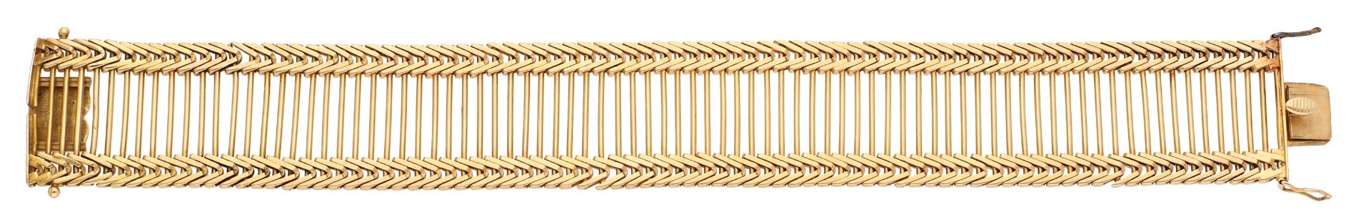 An Italian gold strap bracelet, by UnoAErre, circa 1960, composed of 18ct gold bars between...