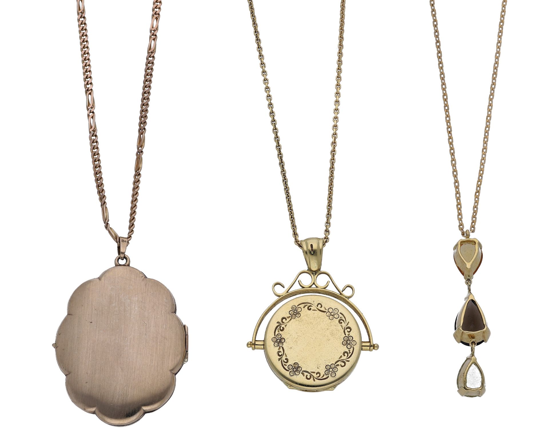 Two gold lockets and a gem-set pendant, comprising a 9ct gold locket with scroll outline and... - Image 2 of 4