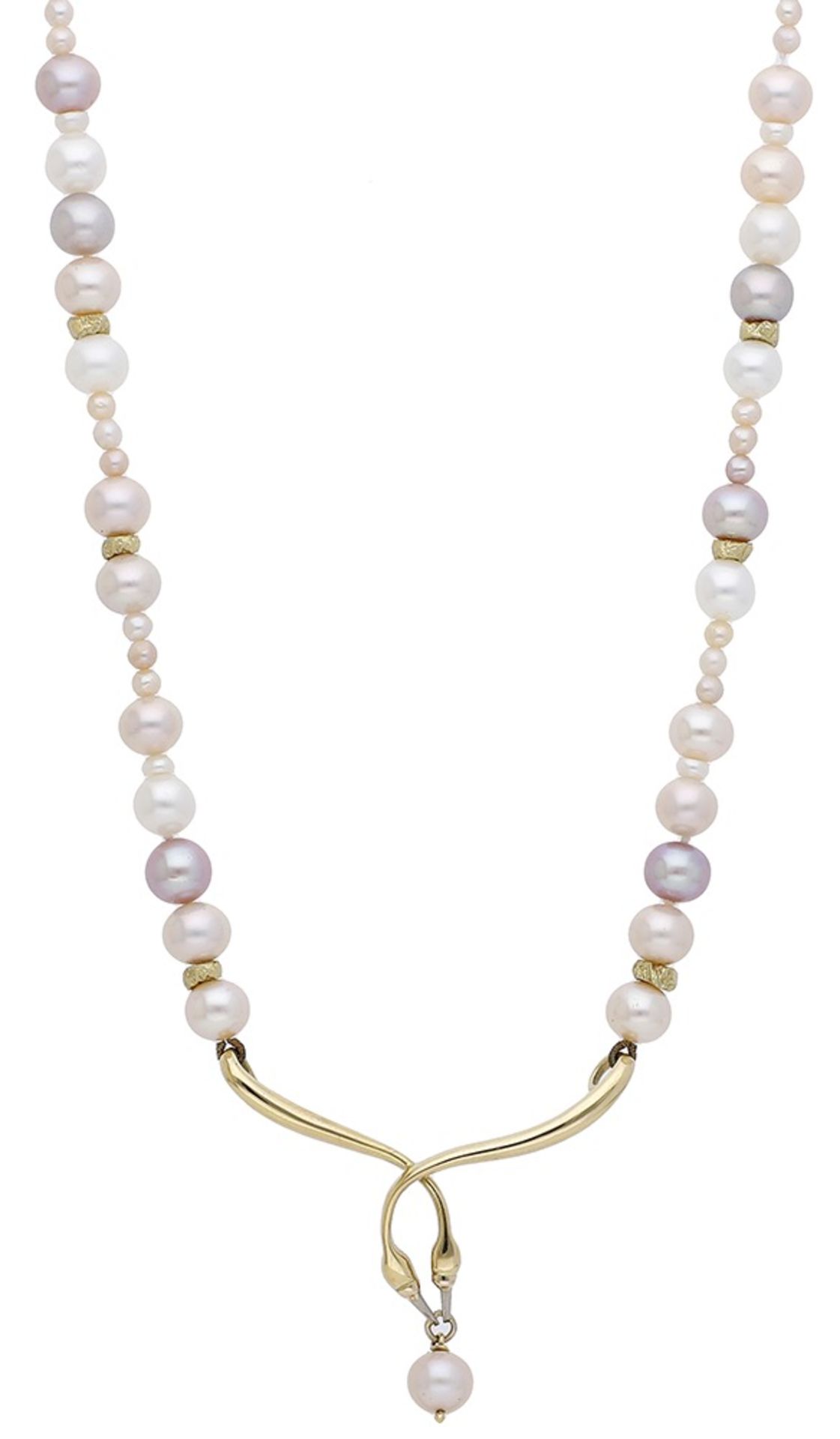 An 18ct gold and vari-coloured pearl necklace, the cultured freshwater pearls spaced by text...