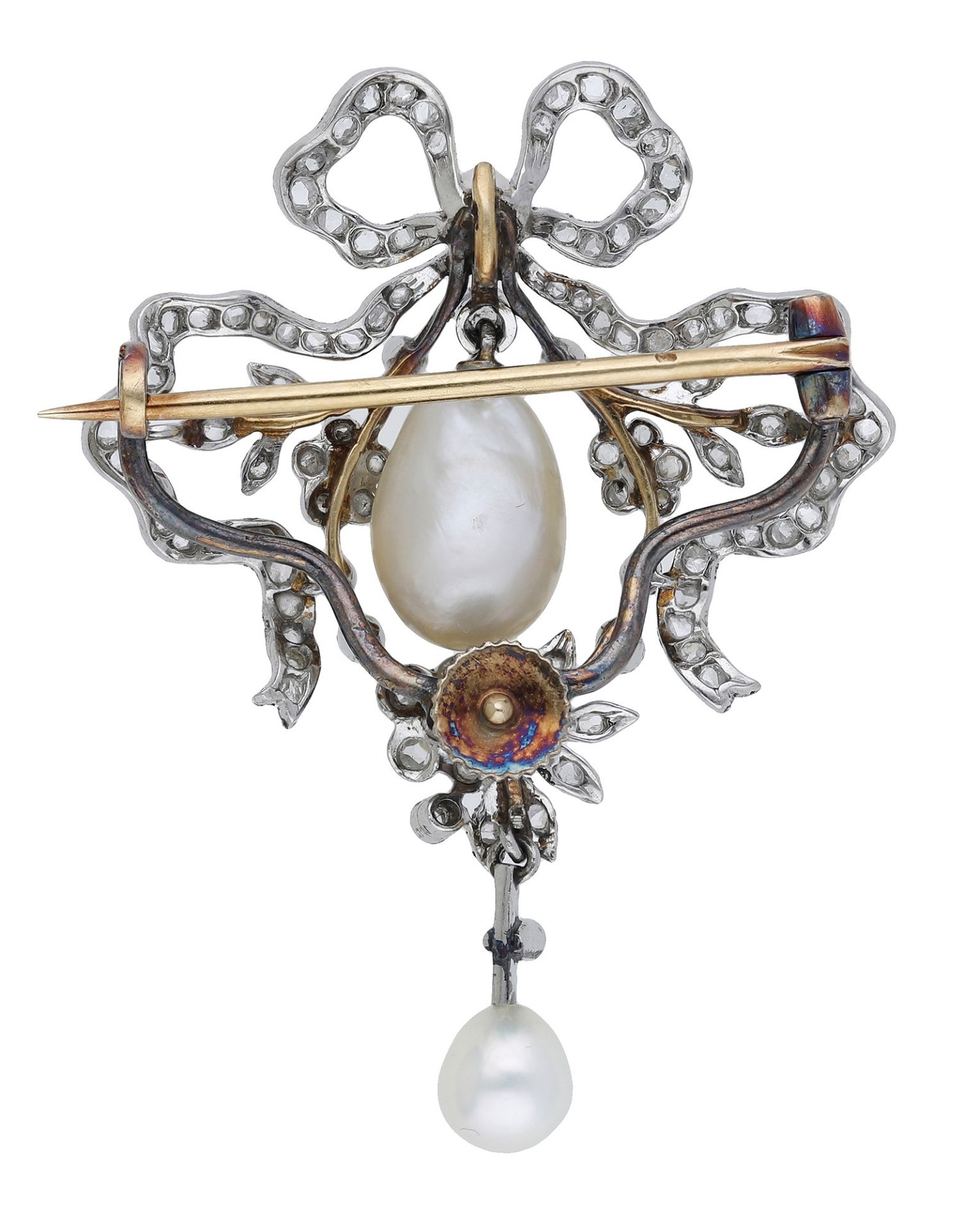An early 20th century French pearl and diamond brooch/pendant, of garland design, the bow su... - Image 2 of 3