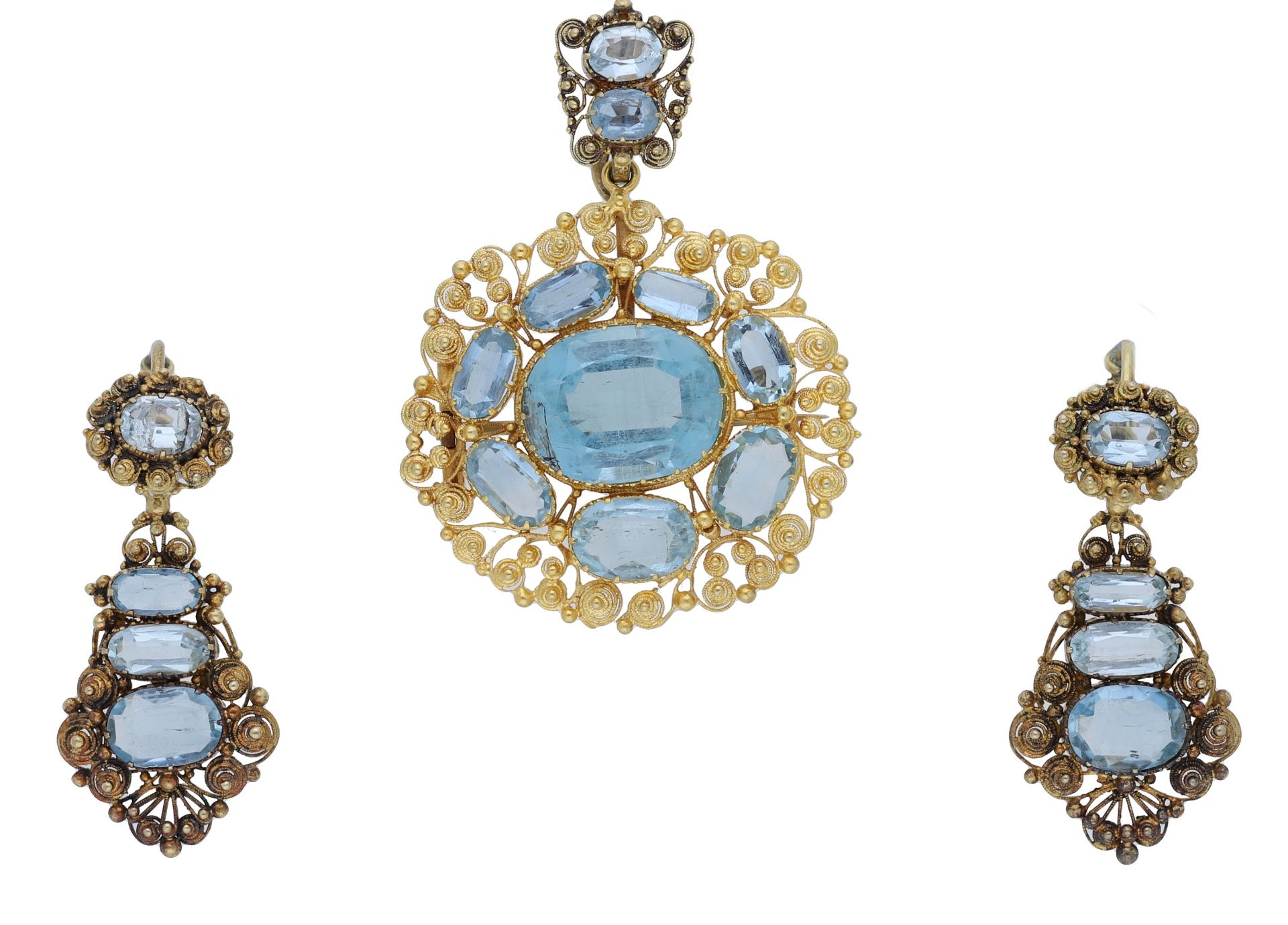 A Georgian aquamarine pendant / brooch and earring suite, set with a cluster of cushion-shap...