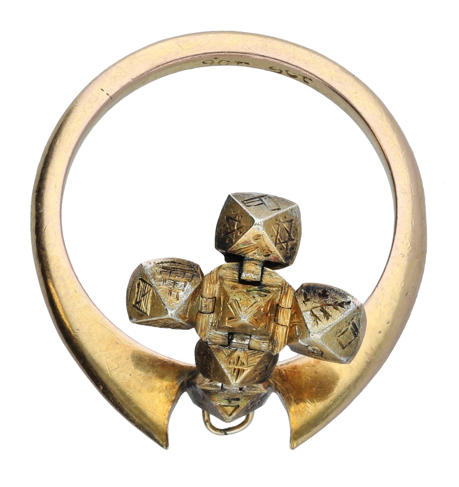 A Masonic ring, the rub-over mount with an old-cut diamond, the hinged setting opening to fo... - Image 3 of 4