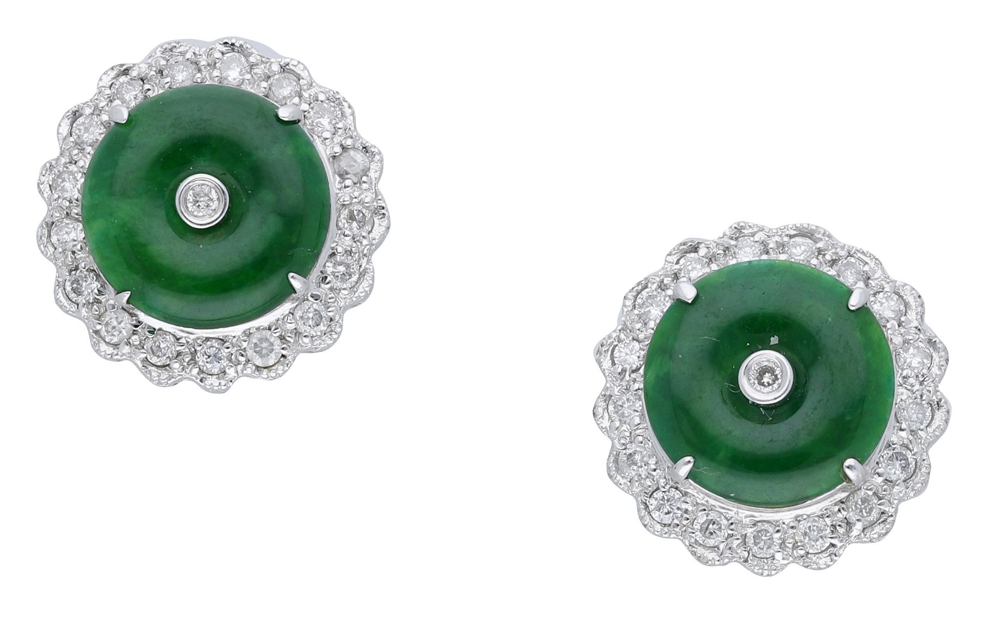 A pair of jade and diamond ear studs, the circular jade panels set to brilliant-cut diamond...