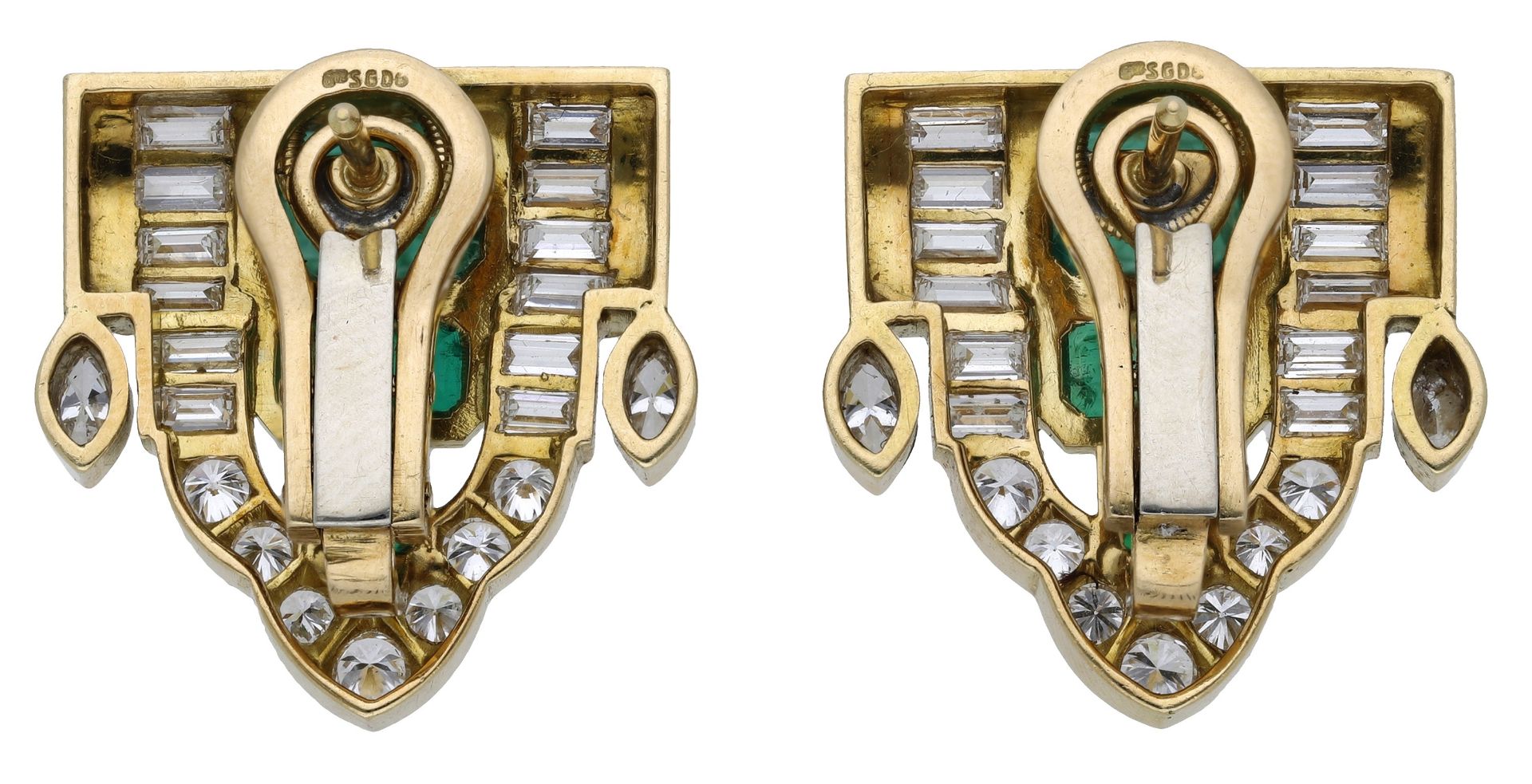 A pair of emerald and diamond earrings, of Art deco style, the central panels composed of gr... - Image 3 of 4