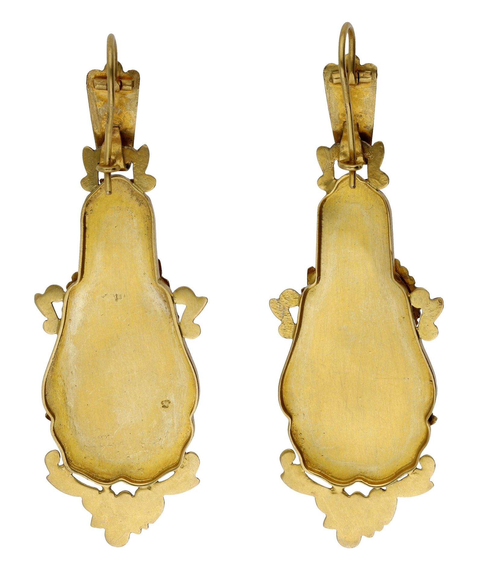 A pair of gold earrings, the decorative bloomed gold earrings with applied scroll, foliate a... - Image 2 of 3