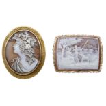 A 19th century shell cameo brooch, carved to depict a bacchante in profile, with fruiting vi...