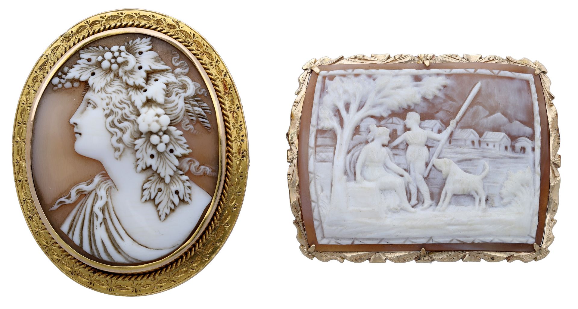 A 19th century shell cameo brooch, carved to depict a bacchante in profile, with fruiting vi...