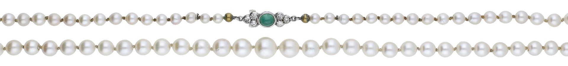 A cultured pearl necklace, the graduated strand of cultured pearls terminating in a transiti...