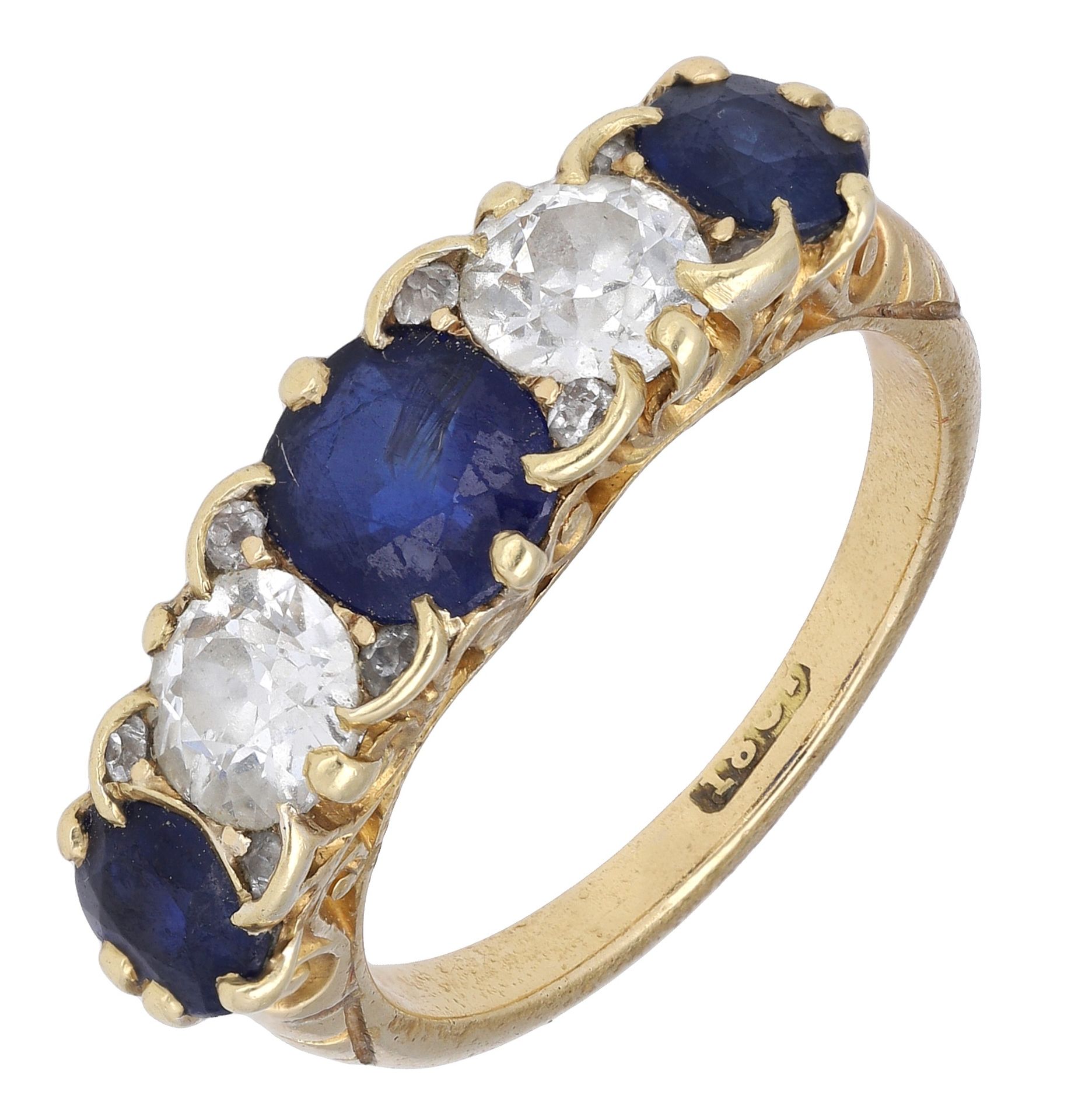 A sapphire and diamond five stone ring, comprising a principal circular-cut and two oval-cut...