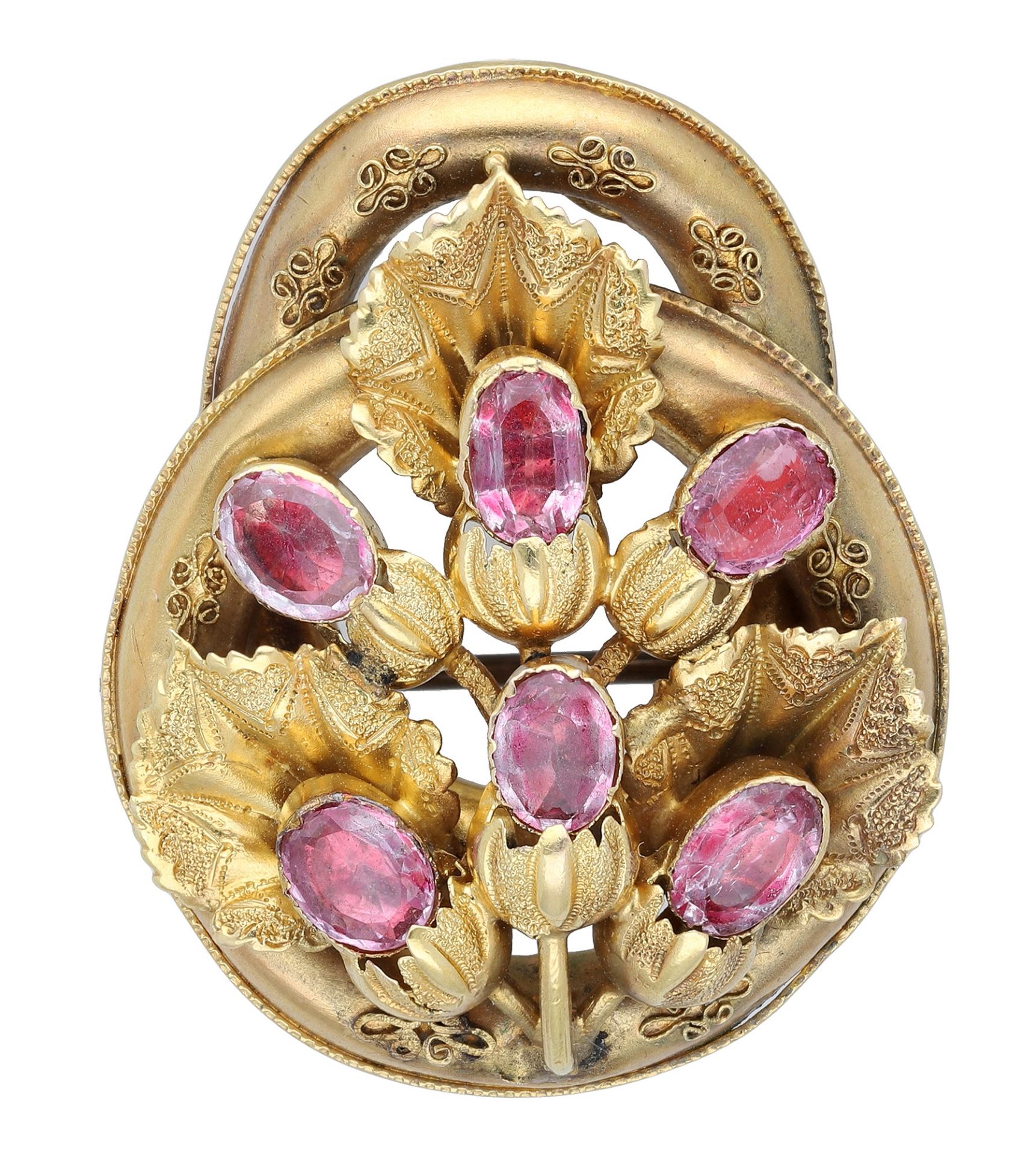 A mid 19th century gem-set brooch, the gold knot with bead and wirework decoration, applied...