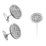 A diamond cufflink and tie pin suite, the oval plaques with applied brilliant-cut diamond mo...