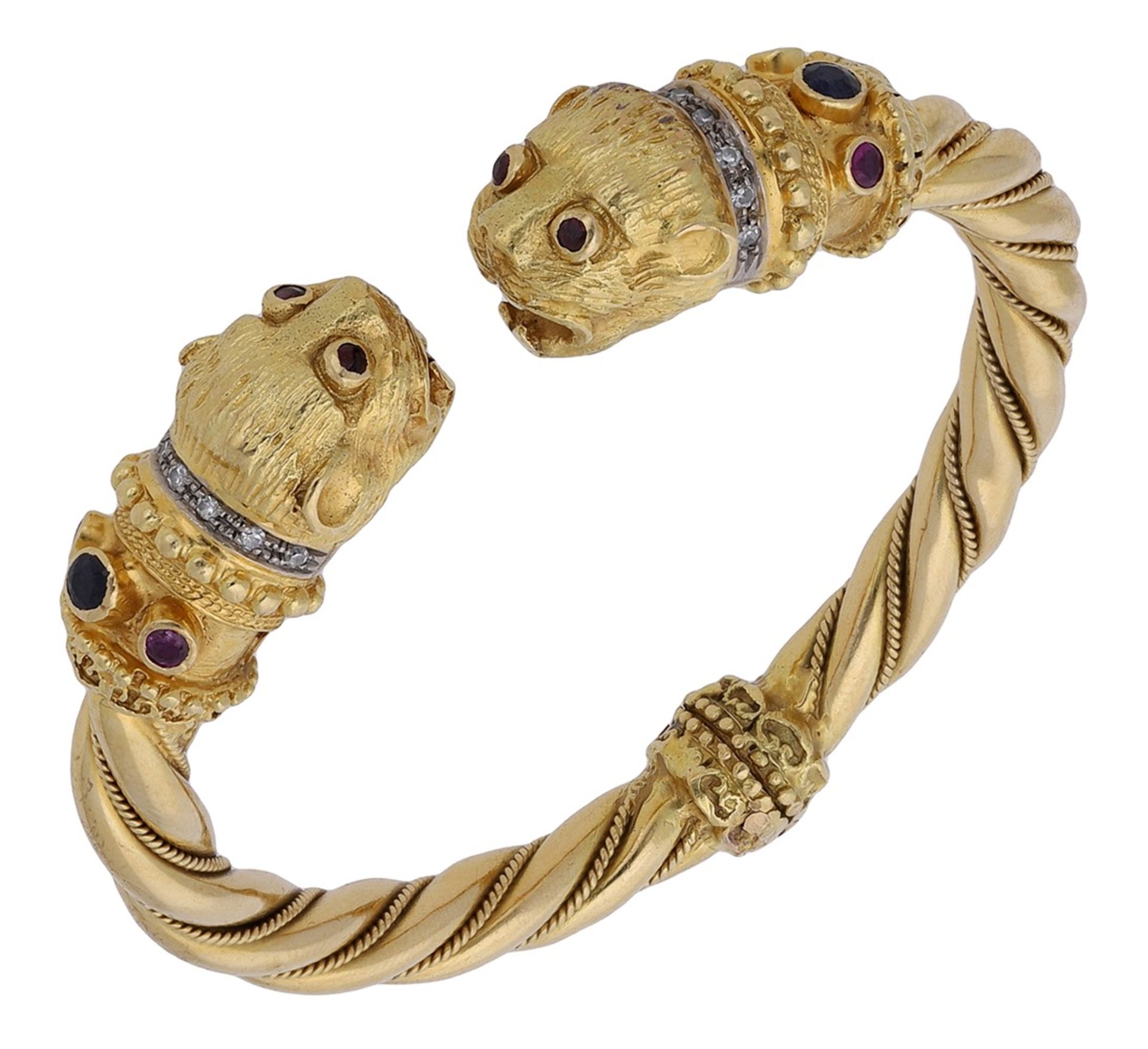 A gem-set bangle by Lalaounis, the hinged ropetwist bangle terminating to either side in a C...