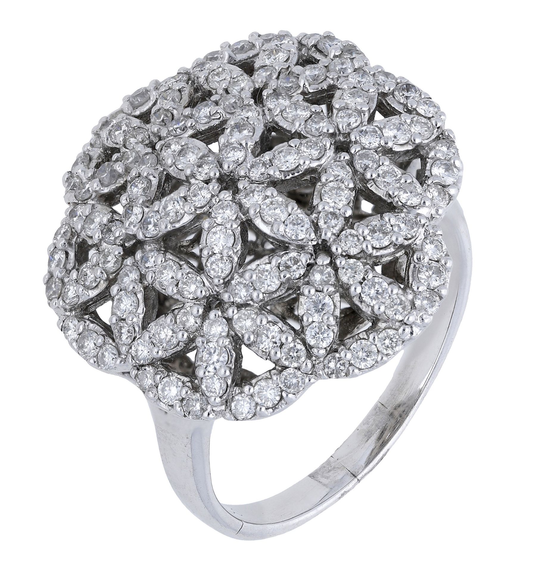 A diamond set dress ring, composed of pierced brilliant-cut diamond flower head clusters, st...