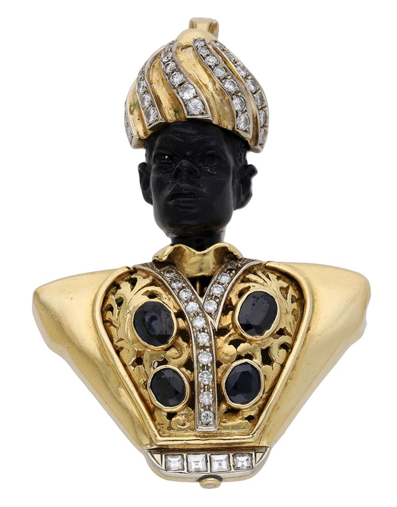 A gem-set brooch/pendant by Franconeri & Co., circa 1960, the 'blackamoor' bust with carved...