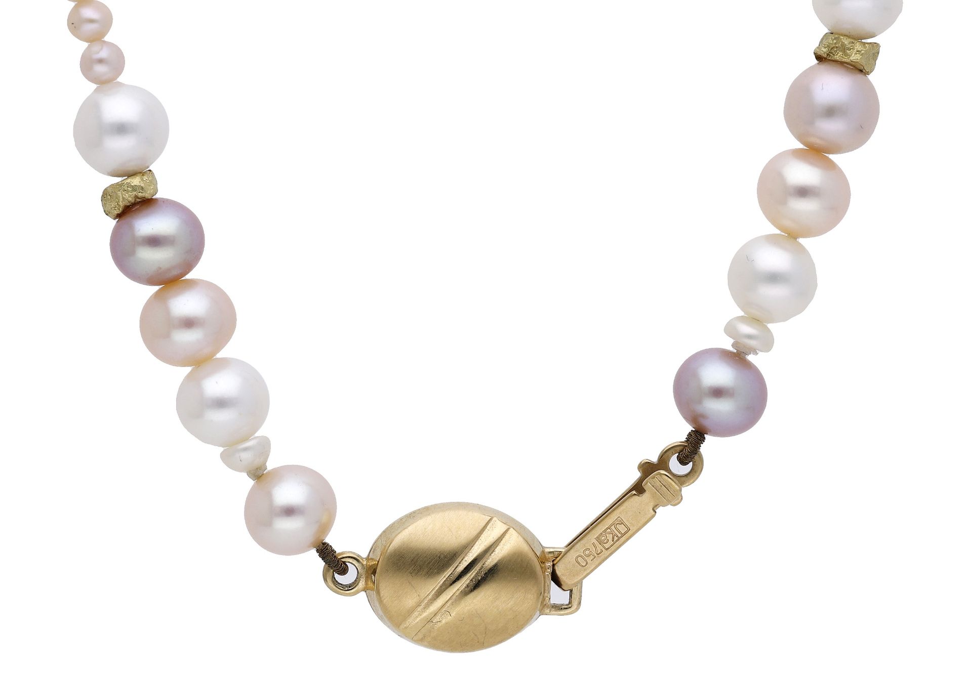 An 18ct gold and vari-coloured pearl necklace, the cultured freshwater pearls spaced by text... - Image 3 of 4